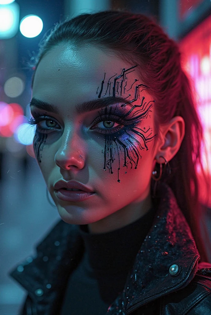 (masterpiece), (photorealistic1.4), (epiCRealLife), (best quality), (epiCFlashPhoto), (ponytail), (Kristen Stewart), (young woman), (on the street), (close up), (flashphoto), (flash photography), (lora_kristenstewart_v1_from_v1_160), (make up), (laugh), (at night), (Bodysuit v13), (Cyberpunk bodysuit), (from front), (cowboy shots), (close up)