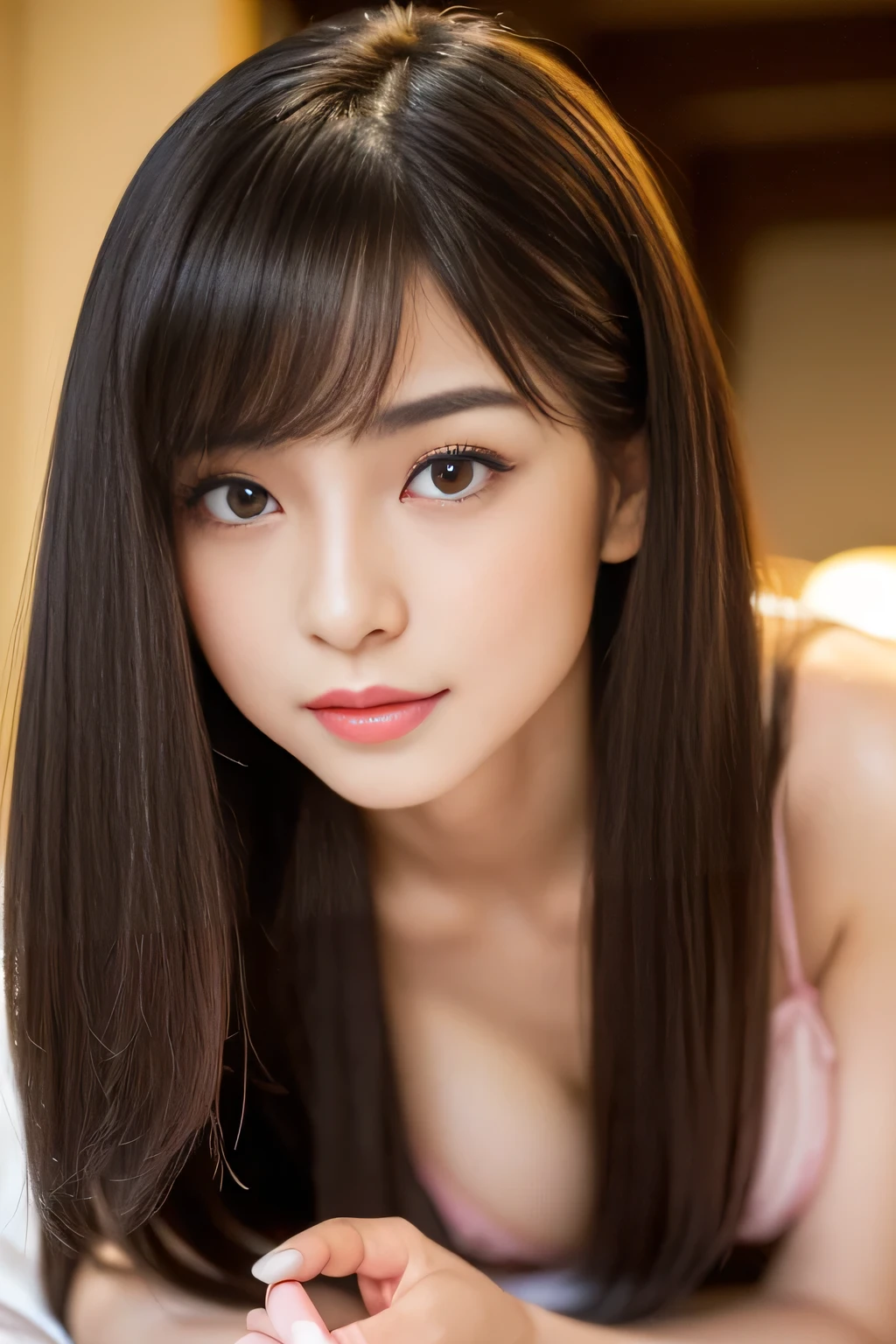 Best-quality, Masterpiece, Ultra-High-Resolution, (Photorealistic:1.4), Raw-Photo, Best-quality, Masterpiece, Ultra-High-Resolution, (Photorealistic:1.4), Raw-Photo, at hotel bar, 1girl, 15-years-old, the most famous Japanese idol, cowboy-shot, ((extremely cute face like the most popular Japanese idol, (((extremely beautiful big-black-solid-circle-eyes))), extremely beautiful hair)), extremely beautiful skins, extremely realistic skins, extremely beautiful long-eyelashes, extremely beautiful lips, extremely beautiful cleavage, innocent smile, wearing evening-dress with stylish-design