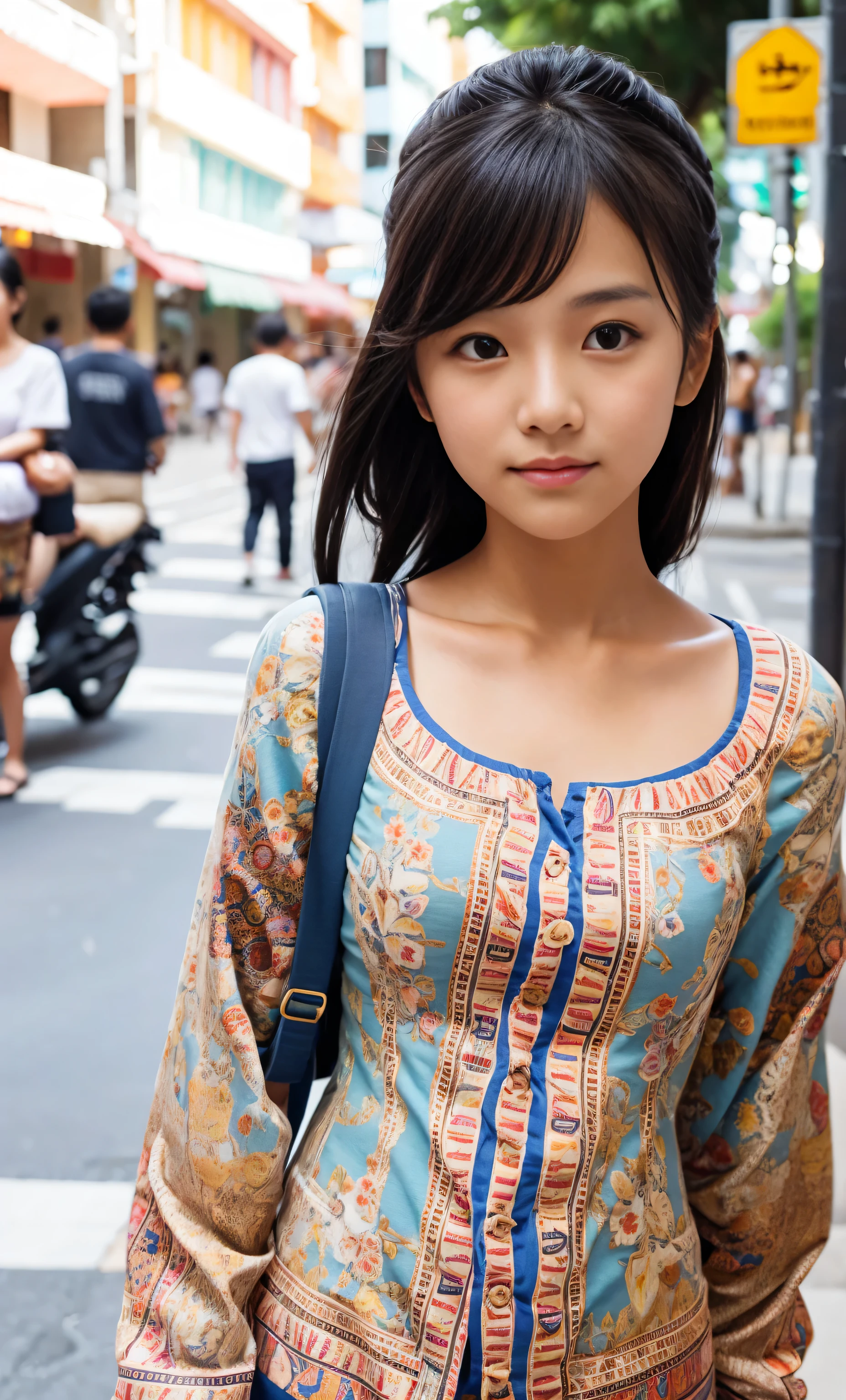 Sunburn marks on tanned skin:2、simple blush、Brown bun hair,A cute with a cute look, windy,A strong wind blows my hair in front of my face、Beautiful big sparkling eyes, Cute eyes hidden by long bangs, tired eyes,Yawn、No visible nasolabial folds、A short, light-colored miniskirt、A summer shirt with cute colorful patterns、singaporean Beauty