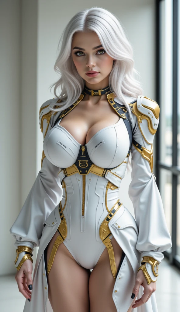 Mujer de caderas anchas estilo Ella Freya de pelo blanco, vestida de blanco con ropa ajustada espacial, con un fondo de planetas, estilo realista de la mejor calidad mujer bella, detalles finos