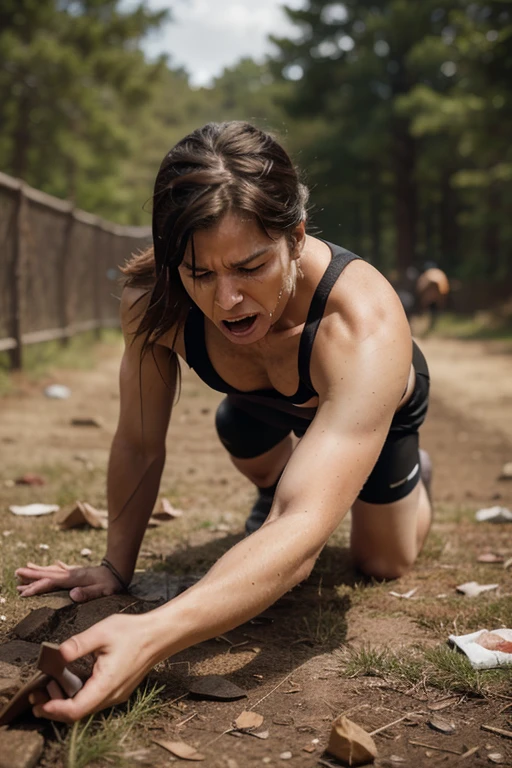 cinematic film still of <lora:shredded woman:1.2>
a shredded woman crawling in the dirt with wire fences above her shredded woman style , shallow depth of field, vignette, highly detailed, high budget, bokeh, cinemascope, moody, epic, gorgeous, film grain, grainy