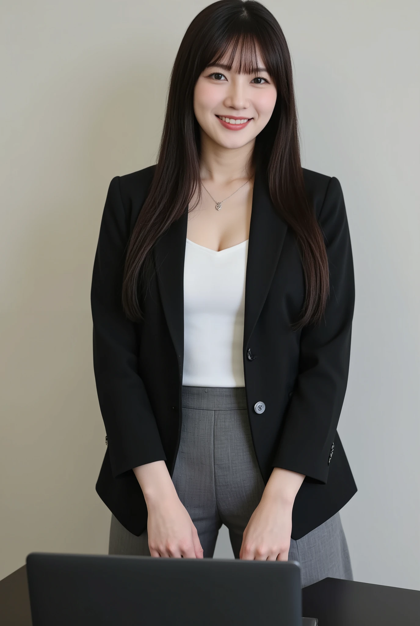 (mature adult woman wears a1By people),beautiful black hair,super straight hair,With bangs,long hair, realistic person images in dark waters,Realism,best quality,mastepeice,best quality,best image quality,highest resolution from vagina,fine details,Beautiful detailed face,black eyes,((realistic skin quality)),detailed background,( accurate body),(perfect body),(((show me her full body))),((Realismのある肌)),(((smile))),((super big )),((A big butt with a beautiful shape)),(((Woman operating a))),(((laptop in the form of an office lady))),(((Beautiful Working Woman ))),(((((Are you wearing a women-only work suit))))),