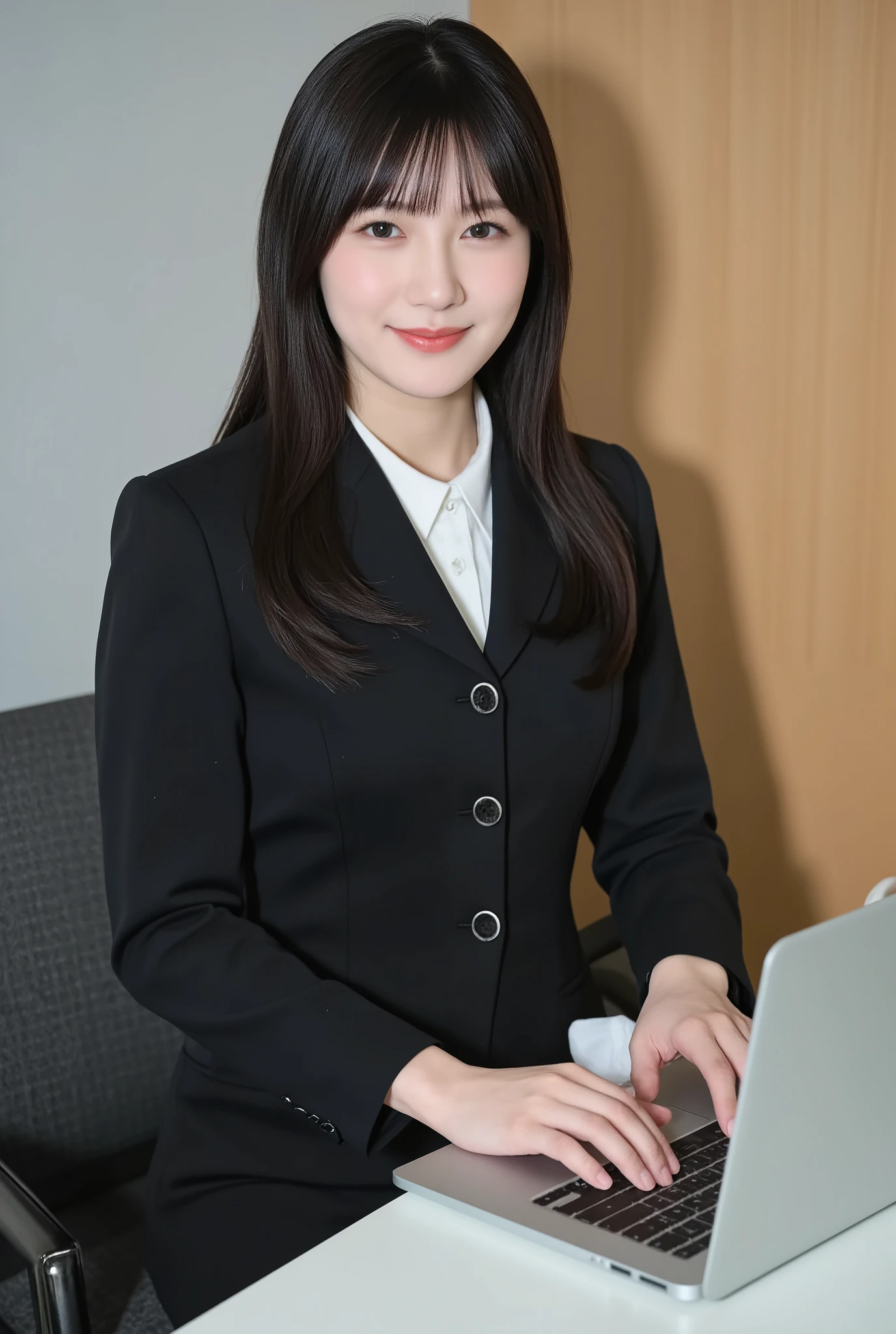 (mature adult woman wears a1By people),beautiful black hair,super straight hair,With bangs,long hair, realistic person images in dark waters,Realism,best quality,mastepeice,best quality,best image quality,highest resolution from vagina,fine details,Beautiful detailed face,black eyes,((realistic skin quality)),detailed background,( accurate body),(perfect body),(((show me her full body))),((Realismのある肌)),(((smile))),((super big )),((A big butt with a beautiful shape)),(((Woman operating a))),(((laptop in the form of an office lady))),(((Beautiful Working Woman ))),(((((Are you wearing a women-only work suit))))),