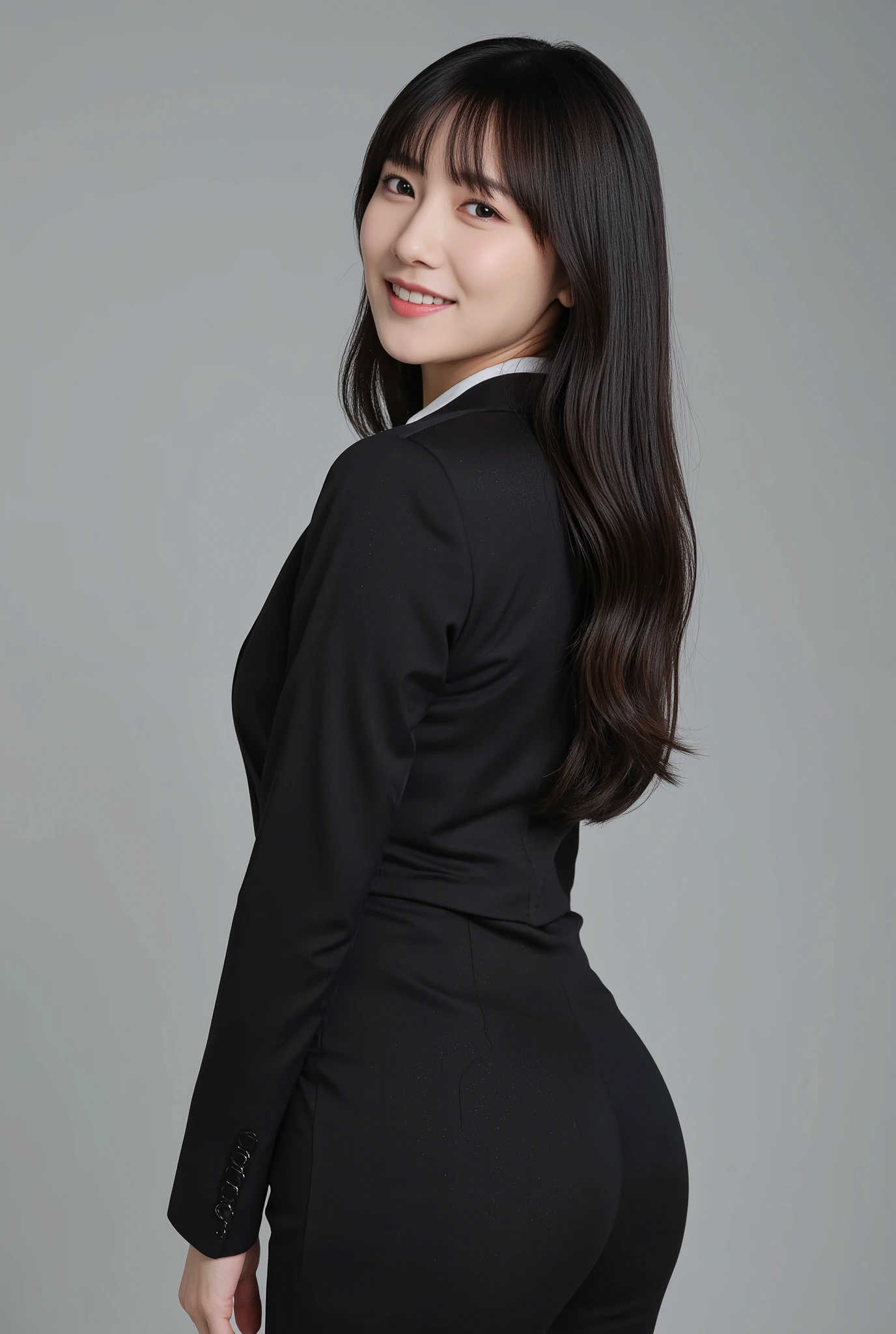 (mature adult woman wears a1By people),beautiful black hair,super straight hair,With bangs,long hair, realistic person images in dark waters,Realism,best quality,mastepeice,best quality,best image quality,highest resolution from vagina,fine details,Beautiful detailed face,black eyes,((realistic skin quality)),detailed background,( accurate body),(perfect body),(((show me her full body))),((Realismのある肌)),(((smile))),((super big )),((A big butt with a beautiful shape)),(((Woman operating a))),(((laptop in the form of an office lady))),(((Beautiful Working Woman ))),(((((Are you wearing a women-only work suit))))),