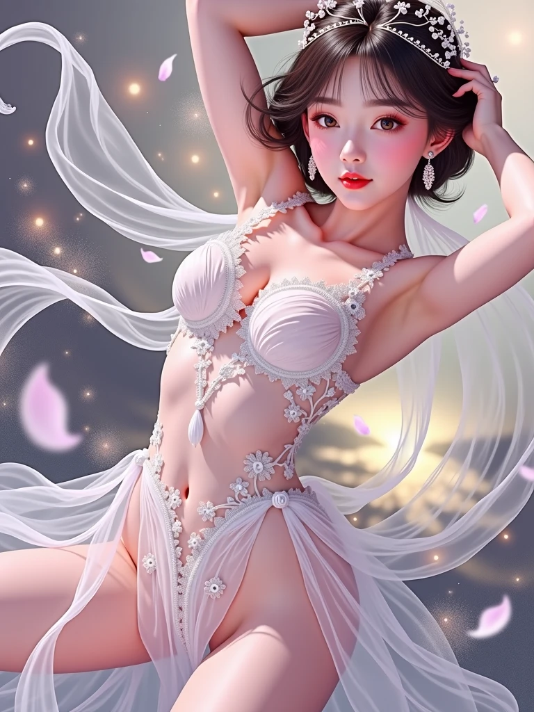 （RAW：1.2），（realisticlying：1.4），（Sharpness：1.2），（A woman who is），16 yaers old，(((body high：3.5))),（（（Tongue Stud），（Lip studs），（Umbilical nails），Gemstones refract dazzling light））），（（nedium breasts：1.8），（areola of breast：2），（Abs：0.7），（glute：1.4），(healthy-looking skin， Thin skin， seductiveexpression， 二重まぶた，Jelly textured lips， Glowing lips，Cherry small mouth，Small upturned lips，Lip studs under the lips，There is a pattern under the eyes，The forehead is tattooed with a gold pattern，(((Flawless skin texture)))，Real pores，ctextured skin，（Wear gemstones，pearls，hisui，amber，），（Dynamic hair，High ponytail hairstyle，Beaded hairpins，layered hair，Wet hair，Loose hair，wet skin texture），Sweat dripping all over the body，Glossy glossy skin，Glowing skin，Radiant hair，eyes looking at the lens， High quality detailing， Cinematic lighting，（（Contre-Jour））,absurderes, unbelievable Ridiculous, hugefilesize, ultra - detailed, A high resolution, The is very detailed，best qualtiy，tmasterpiece，illustratio，The is very detailed，CG，unified，8k 壁纸，Amazing Cleavage，finely detailled，tmasterpiece，light in face，Contre-Jour，cinmatic lighting,(((Dynamic lens，Focus on people))),((Back facing the lens)),((look from down)),((body proportions of the high jumper)),((fatness：0.0)),((((pantyless))))，(((trousersless))),(((No socks))),(((No skirts))),((No shoes))),(((dynamicposes)))，(((A fighting stance))), (((full bodyesbian))),(((raising her legs)))，((((leg apart)))),（Greek feet),(Carefully groomed nails)，(((Delicate and small toes，Perfect toes))),(Camel toes),((Correct anatomy)),(((Correct dissection))),(((garments：Cheongsam made of transparent plastic，High slit design，White flowers with a three-dimensional cut at the waist，It blends perfectly with your figure))),((Pedras preciosas,diamond,pendant,choker necklace,waist chains,ear studs,耳Nipple Ring,Bracelet，Anklets))，(((Royal Sword Flight，The robe flutters in the wind)))，(((A world of mist and nothingness))),(((The flying sword is set with gems))),(((Ink landscape paintings are painted on the clothes))),(((Body floating in the air，Feet in the air，Tiptoe off the ground，flight))),(((cinematic ligh：Shushan Biography))),((Countless glowing small swords levitated around the body)),((The sword qi is rampant，Scratch a crack in the ground)),(Transparent clothes:1.3)