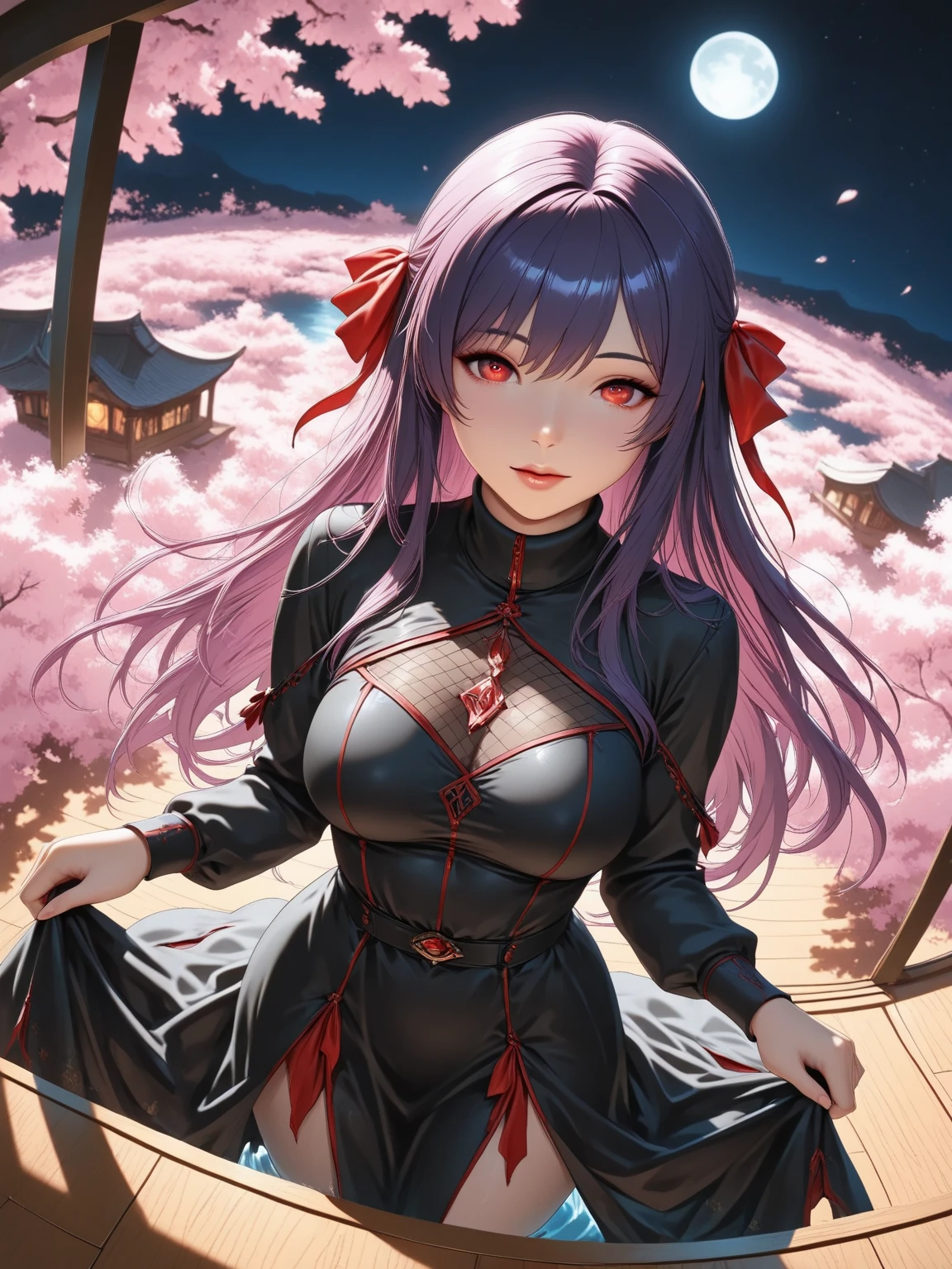 1 girl, Blunt bangs, Braiding, Wide sleeves, hair ornaments, kimono, Red belt, (Purple Hair:1.2), Very long hair, Straight hair, Looking at the audience, Highly detailed background, (Realistic:1.2), Fine Eyes, Red eyeshadow, Written boundary depth,thigh, (Ulzzang-6500:0.7), Upper Body, (alone:1.2), (Cyberpunk City:1.1), Cleavage, Shiny skin、Hair blowing in the wind、flower、up、