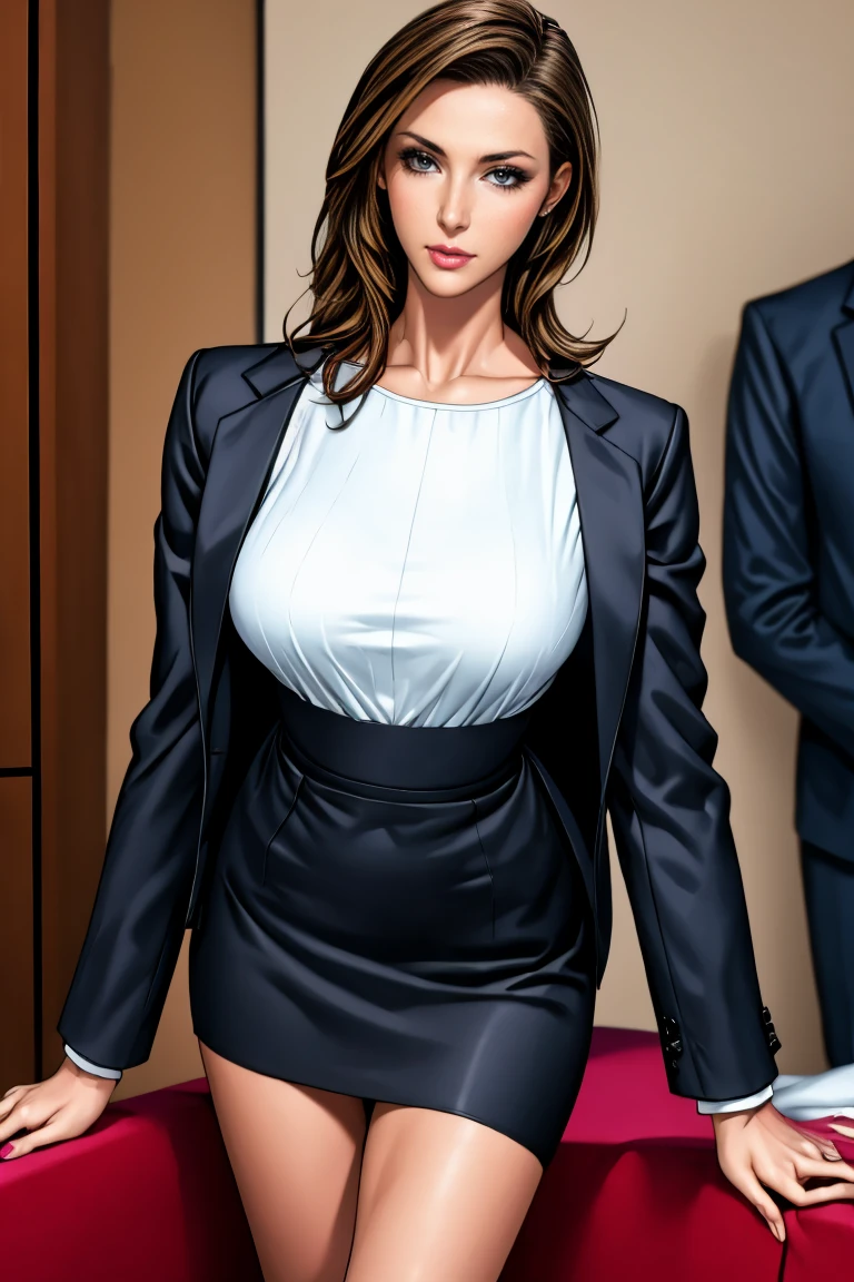 ((Highest quality,4K,High resolution,masterpiece:1.2)),((Character Concept Art)), 1 female, 20-year-old women, ((Shoulder-length brown hair、Hair curled loosely inwards)), (Skin as white as snow), Very detailed eyes (Brown Eye Color), have confidence, beautiful, slim body build, Big Breasts、((Intricate details)), Very finely crafted needles, Very finely crafted fingers(((10 fingers))), ((Mini bottan up navy dress_long sleeves_with white collared brouse_white collared cuff_mini skirt of the edge is white colouerd:1.3)), (Full-body showcase), (Show whole body),A shy smile、((In the hustle and bustle of the city:1.2))、((Standing with grace、left Hand on her chin:1.5))