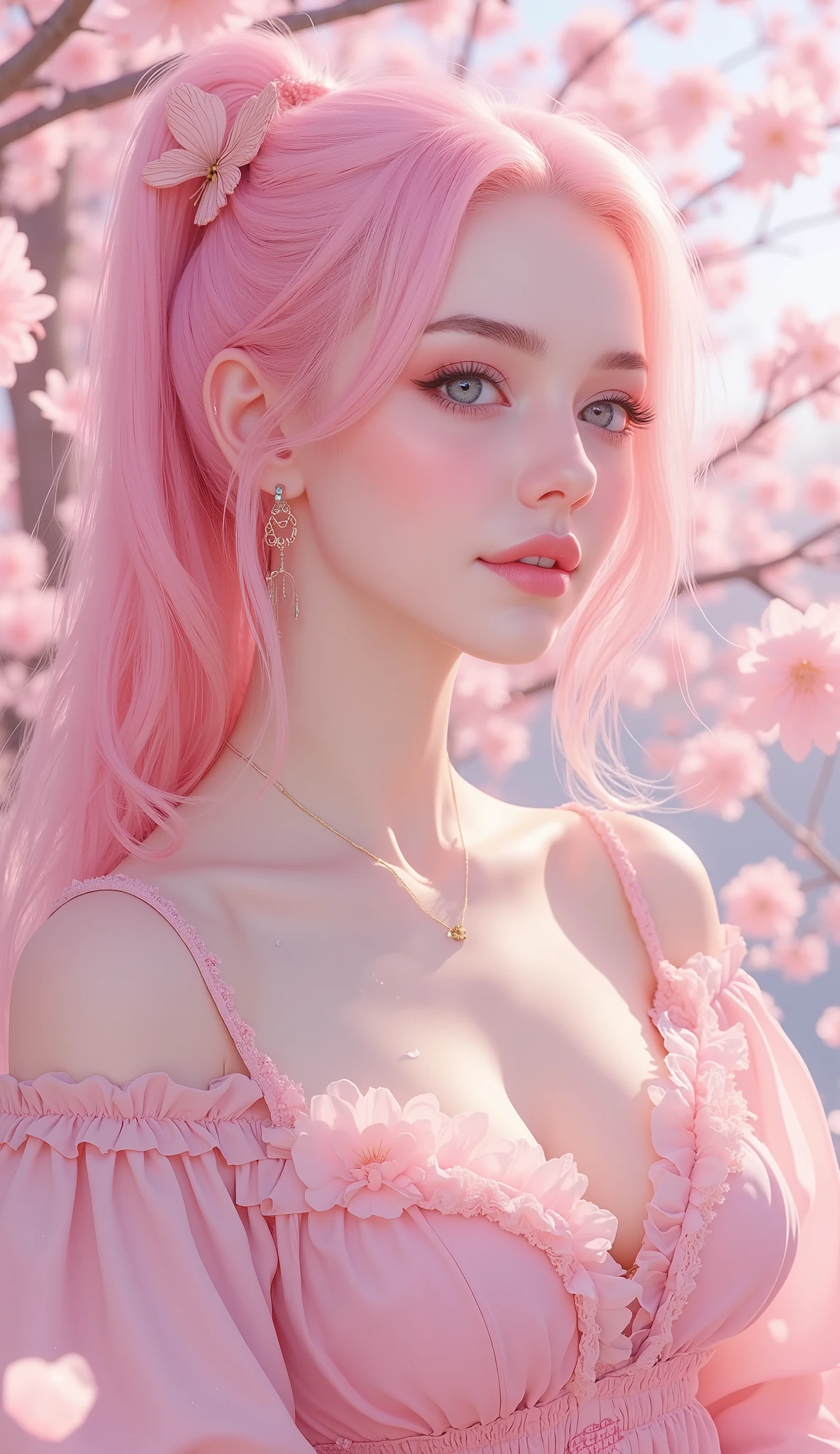 A woman, Pastel pink hiar, and pastel blue eyes, very light white skin with a little baby pink, pink lipstick, eyeliner, wearinga pink dress, sakura tree background, sakura tree leaves falling, long hair, I'm blushing, explosions, jewelry , closed lips, pony tail, hair decoration in the shape of a butterfly, ear rings, best quality, Anatomy is true, precise, Great work, Receiving awards several times, details, details عالية, HD screen , Very detailed, quality leather, shoes shiny hair, blur background, cinematic light effect, ray tracing, light reflection, glowing light, boobgasm coll, close up cleavage
