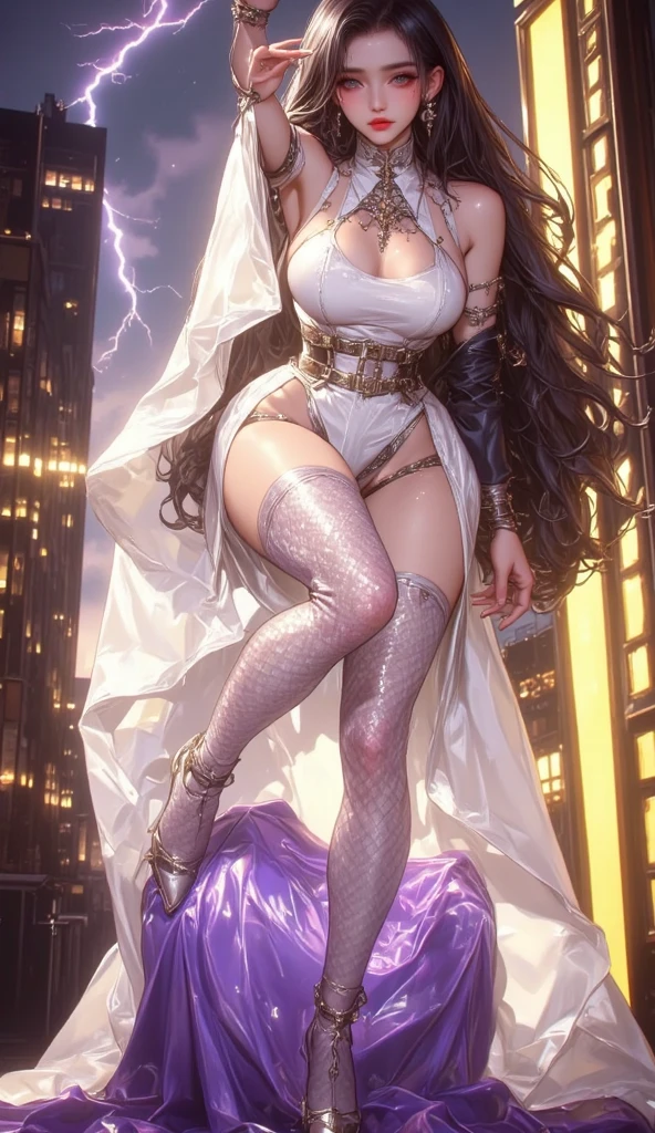 A girl wearing silver shimmer dress, she is walking towards camera, she have long black hair, she have applied red lipstick, she have eye makeup, collar bone, her cleavage is visible, she is walking like a super model, she is wearing black high heels and she is wearing golden pendant on her neck, her one thing is visible, she have curvy figure, night city in background, dramatic light, full length image 8k, masterpiece quality, UHD, super detailed skin, high resolution, high quality, 