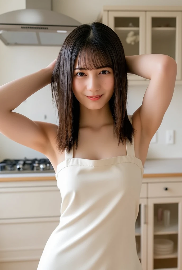 Neat and clean,young girl,(Slimed)、Photorealsitic、detaileds, shoot from below,Skin Texture, ultra-detailliert、A smile、Super Detailed Face、Detailed lips、A detailed eye、tiny chest、erotic body,Smaller chest、flat breast、Chest emphasis、Bright face,Shorthair with bangs,hair bun,topless and high-leg bloomers,in kitchen