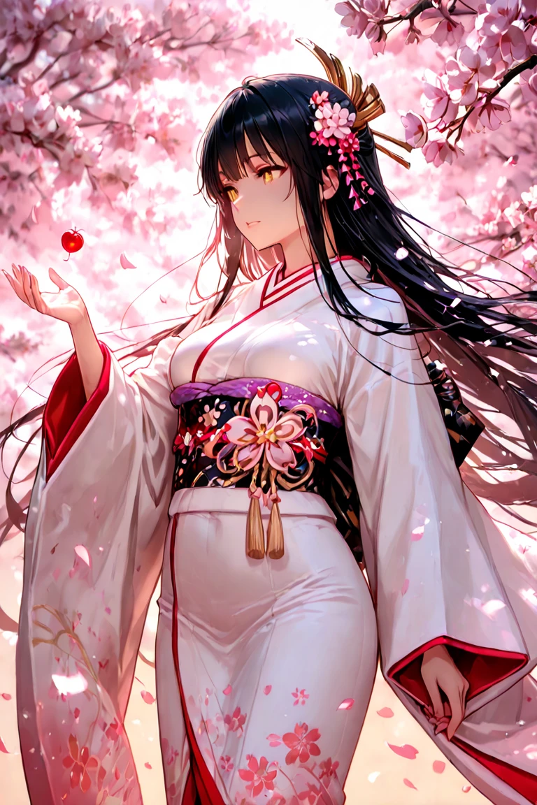 A divine Japanese goddess of cherry blossoms, wearing an elegant white and pale pink jūnihitoe kimono. She has long, flowing black hair adorned with delicate cherry blossoms. A soft, ethereal light surrounds her as cherry blossom petals dance in the air. Her serene expression exudes wisdom and grace, golden eyes, The background is a mystical scene with a gentle golden glow, capturing the beauty of spring and spirituality. Highly detailed, fantasy art, beautiful composition, ultra-HD, masterpiece.