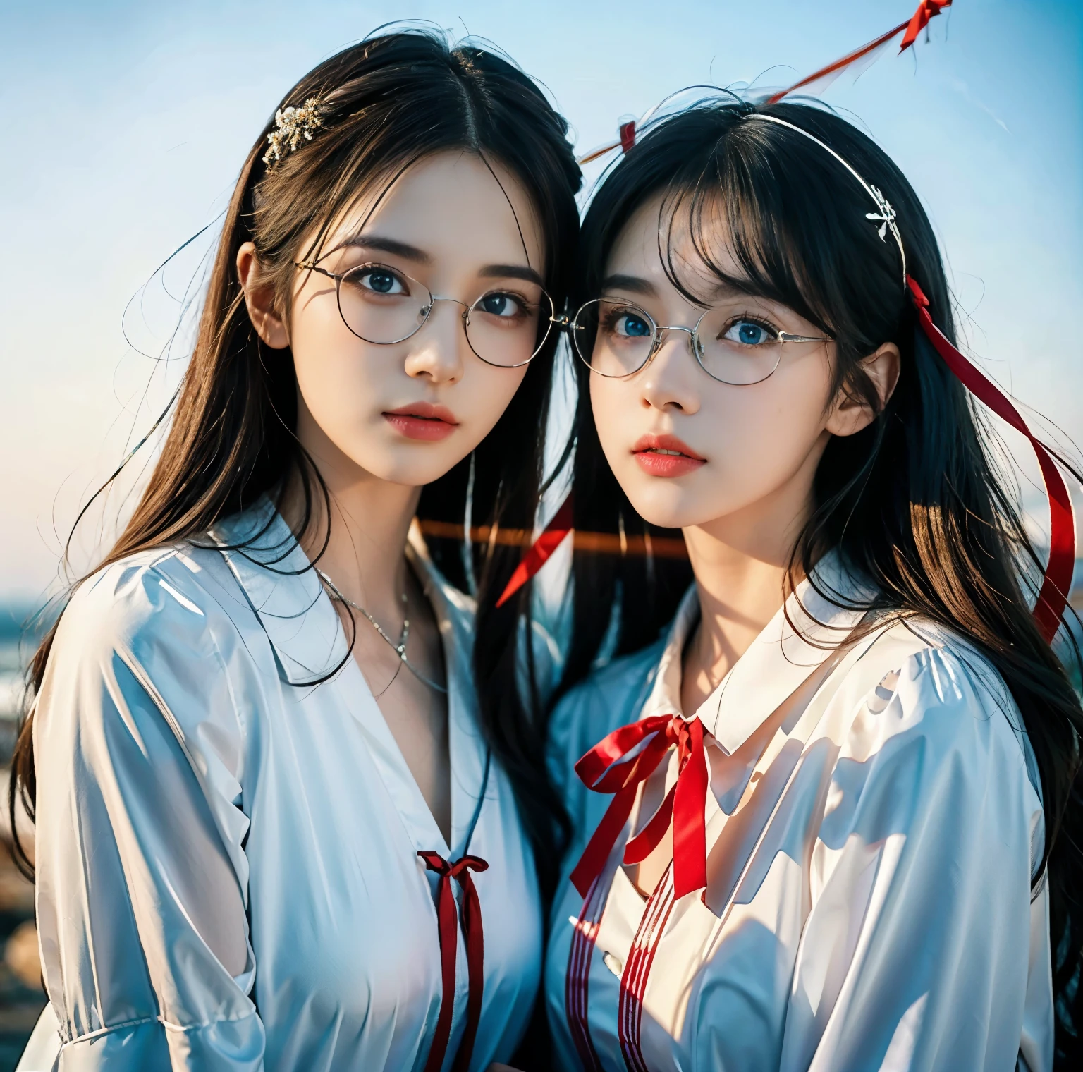 8K quality, pictures, Two beautiful men and beautiful women, Beautiful like a goddess, The backlight of the sunset is so dazzling that the characters are hazy, above chest shot at the ruins, (White blouse with red thin string ribbon tie:1.2), (Fine silver glasses:1.2), (Brilliant, beautiful light blue eyes and beautiful hair:1.2), Hair flying in the wind, Whitening skin like white porcelain, Half Up with Bangs, Photograph,