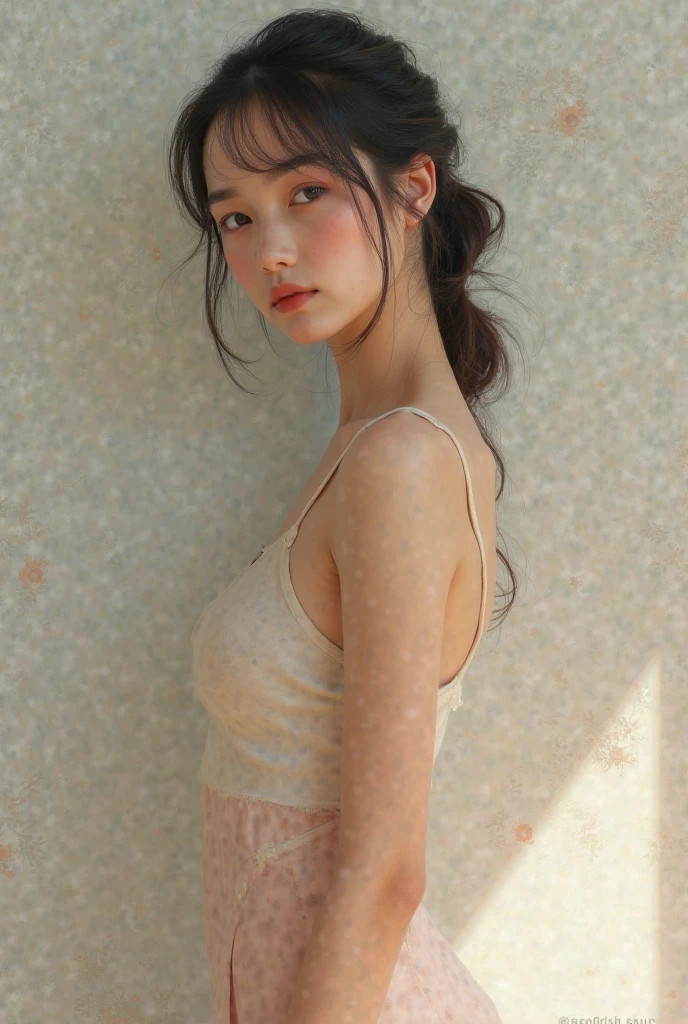 Dark brown hair、Light brown eyes、Japanese actress、 Lady、I am about 40 years old...、(Intricate details:1.2)、(Which is the top???:1.4)、 (Ultra-high resolution:1.2)、Ultra-high resolution、(Finely tuned)、(Detailed facial features)、Hmph、8K resolution、D cup size breasts、Long Hair、updostyle, updo、Hair Bun、1 Girl, Deep sorrow facial expression, (Very detailed美しい顔), (Camisole:1.5), (Bare shoulders:1.3), (Highest quality:1.4), (Very detailed)、Beautiful fair skin with transparency, Are sleeping、Sleeping on the floor、Top View、 Spread your legs wide, Open your mouth a little、Her legs are visible through the dress、Deep sorrow、Pose of Weakness、Obscene pose、White floor、White wall、The morning sun shines in、Sleep on your side。