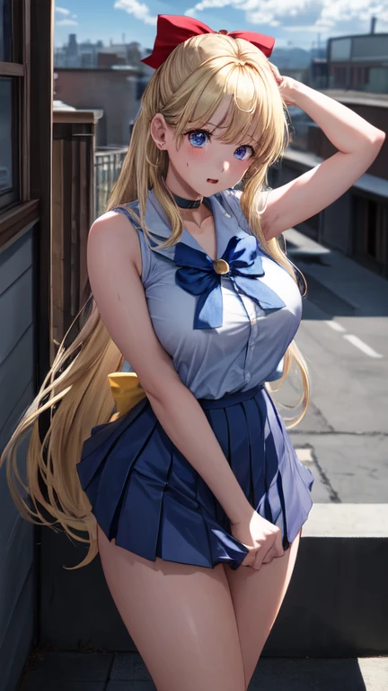 Masterpiece, top quality, high detailed, detailed face, bright eyes, outdoors, blur background, (cleavage), dynamic poses, dynamic angle, from front, (akaihaato), standing, full body