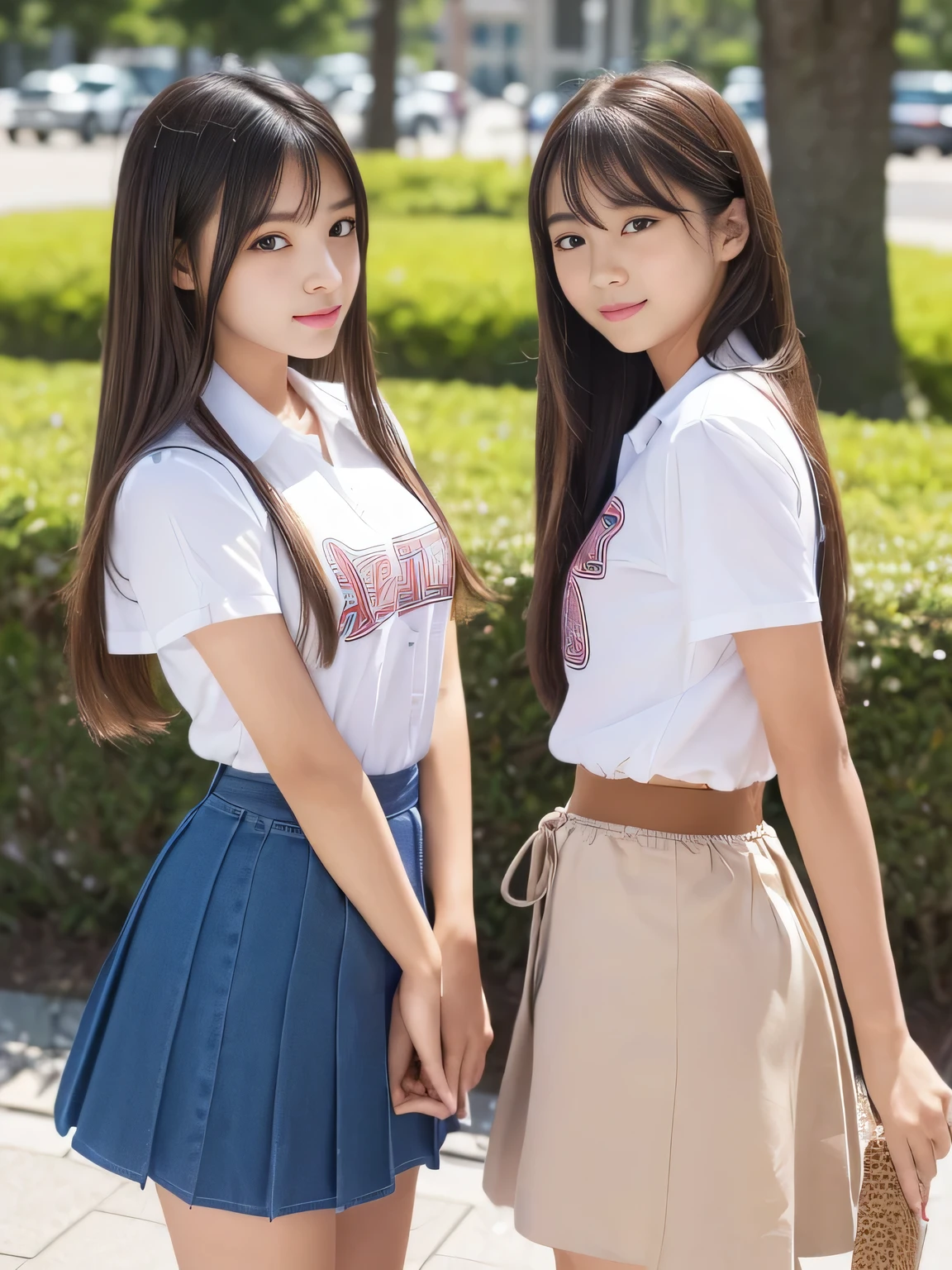 8k, real photo, two girls walking up emergency stairs in school, ((white:1.5)) thin plain t-shirt with school-uniform pleated skirt, 14-year-old,bangs,a little smiles,thighs,knees,crotch,low ponytail,from below, low angle, exposing white panty, in a process of taking off shirt, back shot