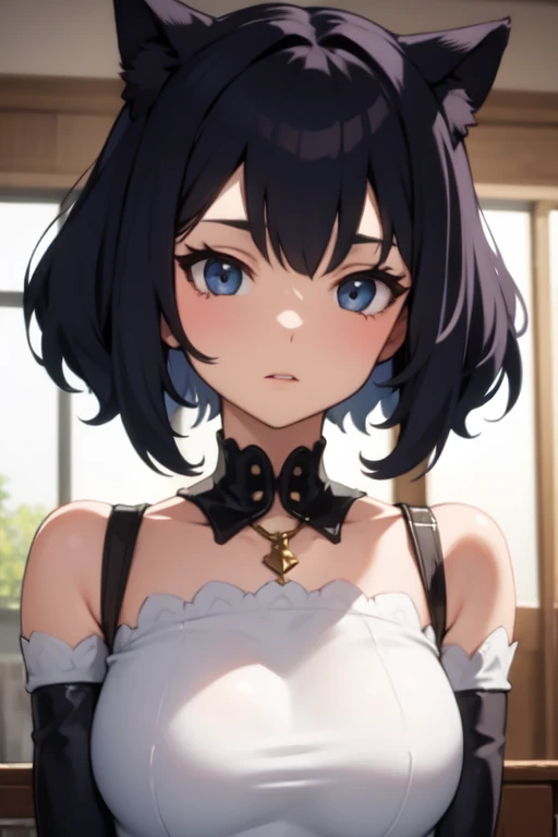 (Original Character、Unity 16K Wallpaper, Masterpiece, Best Quality, Ultra-Detailed, Extremely Detailed CG, Caustics, Cinematic Lighting, Detailed, Beautiful Detailed Eyes, solo,sexy women), Ultra High Resolution, fine skin, ((maid, maid apron, maid headdress,)), (strong light)、oily skin,curby:1.2,,cowboy shot,sexy women,short wavy hair, above chest:1.2,little devil face,large breasts, hair,accentuate the chest