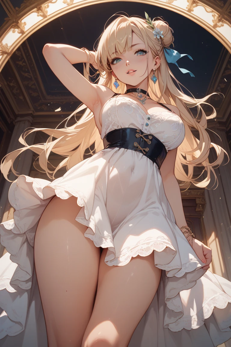 masterpiece, absurdes, highest quality ,Intricate details , (Shiny skin, Shiny body, Shiny Hair), detailed face, perfect face, perfect lines, perfect eyes, enlarged textures, detailed eyes, 1woman, ((( blond hair)), green eye, ((pixie cut)),((parted bangs)), slender body, fishtail, Bullish gaze), (Fishtail, Her hair is tied with a red ribbon), Transparent, Face in perfect detail, Perfectly detailed by hand, Neutral face, Long eyelashes, large Breasts, (from below:1.3), lift clothes, nsfw, show off nipple, show off pussy, (disney princess:1.2), (pussy juice:1.2), lift skirt, tomboy, wet, sweat, embarrassed, (on flower garden:1.2), city, standing, fear, teardrop, open mouth, long dress, party, frill, raffle dress, princess dress, ((The men's hands are grabbing her breasts, Multiple hands)), The body is slim, (Many men's hands are touching her body, A man's hand is touching her crotch)