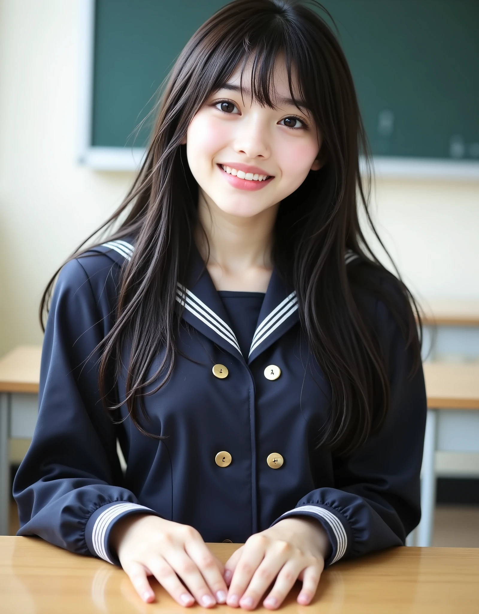 (Canon), (EOS R5), (50mm), (((photorealistic:1.5))), ( No Lens Flare :1.5), ((超high resolution)), (masterpiece), accurate,(realisticな質感の肌), Super Detail, High detail, high quality DVD , winning work, 最high quality DVD, 32K, is written in depth, digital camera, award-winning glamour photo , professional lighting, (SFW), ((最high quality DVD:1.5)), ((masterpiece:1.5)), ((realistic)), high resolution,realisticな影, Roughness, Real Life,(very beautiful and cute single Japanese woman), (The cuteness of a top Japanese idol), ((Upper body shot seen obliquely from the front :1.5)), (( upper body shot from head to knee :1.5)), (( cute 18-year-old Japanese high school girl )), ((High School Classroom, desk, chair, blackboard, and window visible )), (((Navy Blue Short Sleeve Sailor Suit:1.8))), (((襟と胸当てが紺色で3本の白色ラインがある半袖の紺色夏服セーラー服とnavy blue flared skirtを着て椅子に座っている:1.8))), (( short sleeve navy blue sailor suit with dark blue collar and breastplate :1.8)), (( no front buttons on a sailor suit :1.8)), (( sailor suit's chest is dark blue and has 3 white lines :1.5)), ((navy blue flared skirt:1.5)), ((red scarf for sailor suit:1.8)), ((Navy blue scarf closure :1.5)), ((No Accessories:1.5)), ((no earrings:1.5)), ((Without necklace:1.5)), ((Women's watch on her left arm )), ((very cute high school girl who feels young)), Attractive cuteness , Seductive Poses, Height: 160cm, slim figure, Beautifully shaped bust, D cup, ((少し歯が見える very cute smile:1.5)), (alone:1.5), (There is only one person in the classroom), (brown eyes:1.9), ( Detailed depiction of extremely realistic skin ), (Highly detailed, realistic eyes:1.9), ( extremely beautiful long realistic eyelashes ), (Highly detailed, realistic eyebrows), (丸いbrown eyes :1.8), ( beautiful catchlight on the eyes), (Realistic lips with moisture ), (White Realistic Teeth Arrayed Neatly), ( Beautiful and Detailed Face :1.6), (hourglass figure:1.6), (Wasp waist :1.5), (Perfectly round and beautifully shaped breasts:1.8), ( clearly contoured cheekbones :1.5), (perfect style body :1.8), (Healthy body :1.8), (Narrow shoulders:1.9), (staring at viewers), (mesmerizing gaze on the outer corner of the eye), (Beautiful, natural-looking hands), (beautiful pink nails with a beautiful length), ( show your hands as little as possible ), ( very cute smile:1.1), ( her stomach and navel may be slightly visible:1.4), (dark hair medium hair :1.3), (beautiful black hair), ( has bangs), natural atmosphere, Very cute type, beautiful thighs, (( evening classroom )), (( with a pencil case and notebook on her desk :1.4)), (( show your hands as little as possible )), ((I can't show my feet)), blur the background, Illuminate the face, dynamic pose, beautiful body line , Beautiful, realistic skin , Art Photography, Beautiful Soft Writing, accurate手の形,accurate指の形,accurate指の数,5 fingers on one hand ,((No watermark, No signature))