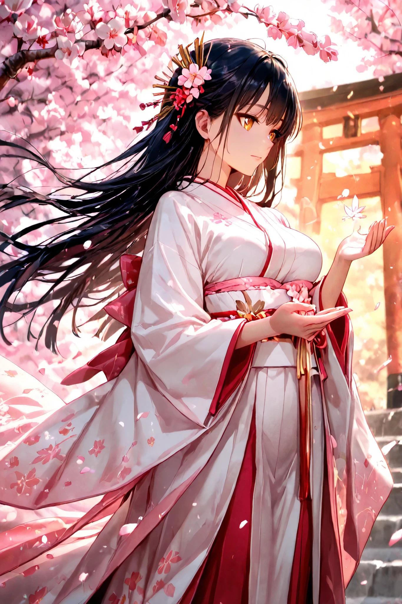 A divine Japanese goddess of cherry blossoms, wearing an elegant white and pale pink jūnihitoe kimono. She has long, flowing black hair adorned with delicate cherry blossoms. A soft, ethereal light surrounds her as cherry blossom petals dance in the air. Her serene expression exudes wisdom and grace, golden eyes, The background is a mystical scene with a gentle golden glow, capturing the beauty of spring and spirituality. Highly detailed, fantasy art, beautiful composition, ultra-HD, masterpiece.