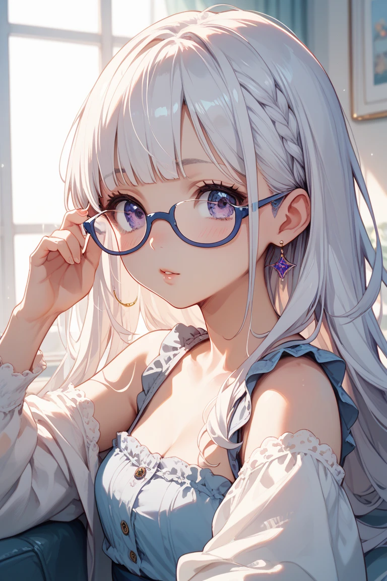 A dreamlike world、Pale Light、Glasses、Bob Hair、Hair clip on the right side of the bangedium breast、White sparkly clothes