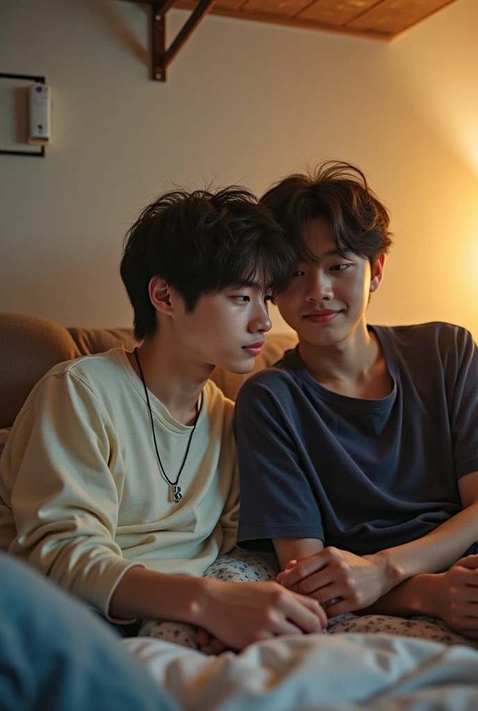 a room、Two people sitting on the floor of a room drinking alcohol、The table、Drunken teenage boys、Sit next to boyfriend、Lean on the man next to you、Pampering、Yaoi、Two gay teenagers、A dark-haired、male-centered、The shirt、Blue plaid shirt、short hair、 Staring at others、in a house、emo and goth、Opening Mouth、See our partners、Far from the camera、the kiss、red blush、adorable yet sexy