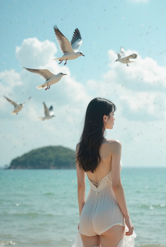 Beautuful Women，Full body photo，underdressing，Delicate facial features，Look up at the sky，Hair is wet，