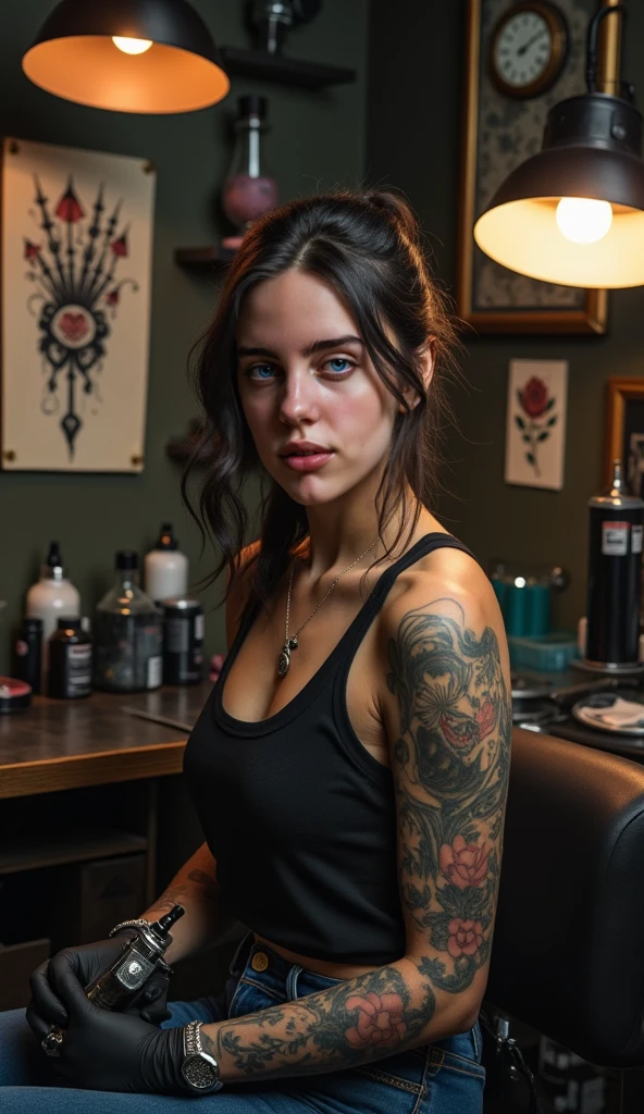 Aldo women young woman Brunetes at tattoo shop animated