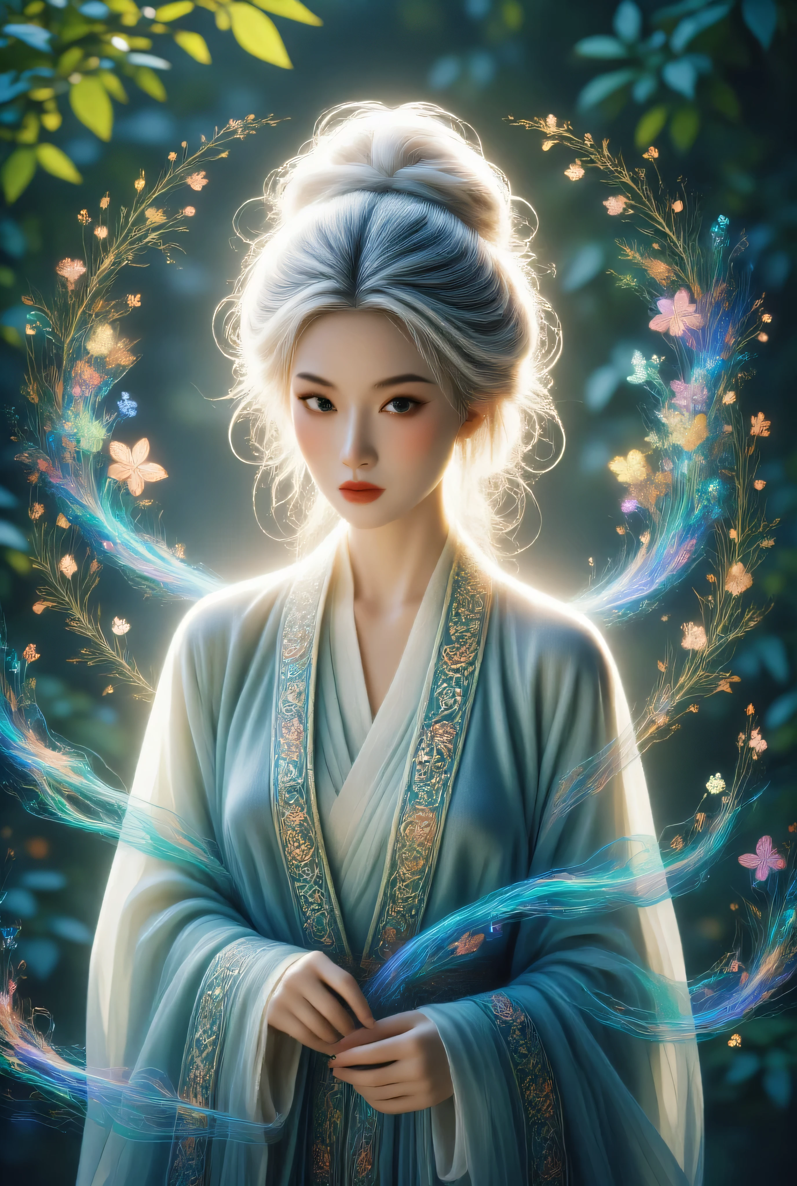 A Chinese witch, beautiful, white hair, Millennial clothing, flying in the air above, penetrating look, sexy, extremely detailed, 8k, hyper detailed, masterpiece