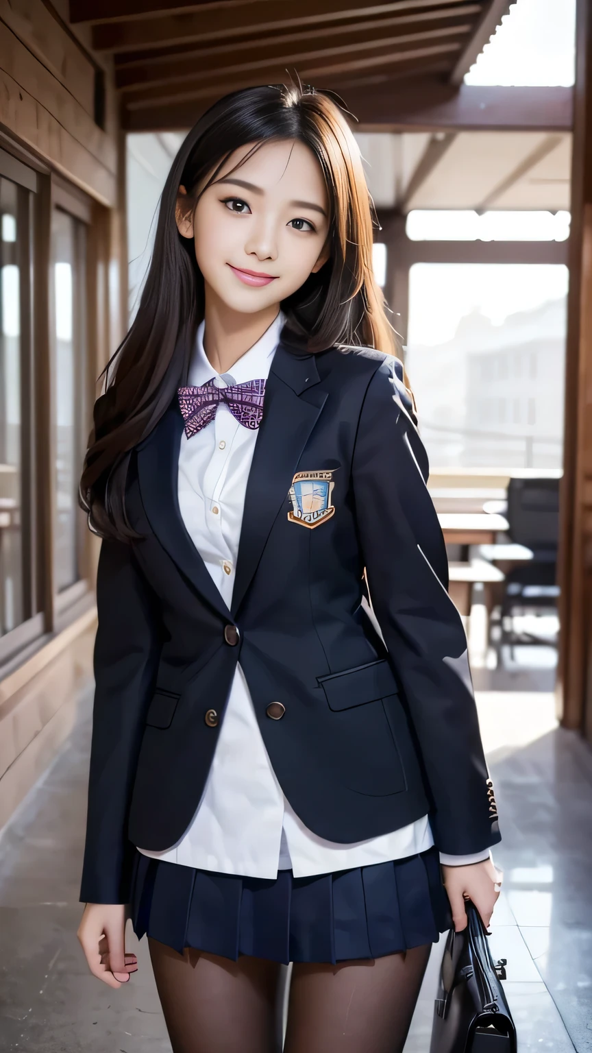 Mix 4, (16K, Raw photo, Best image quality, masterpiece: 1.45), (Realistic, Photorealistic: 1.37), One Girl, cute, Cityscape,, Professional Lighting, Photon Mapping, School classroom, Physically Based Rendering, Dark brown hair,Ponytail hairstyle, Beautiful, well-groomed eyes、((double eyelid))、Super cute girl, (((school uniform、blazer、Long-sleeved shirts worn by Japanese high school girls、Ribbon tie、Dark blue mini skirt,、Dark blue socks、Black Loafers))), Highest quality photos, High resolution, 1080p, (Clear Face), (Detailed face description), (Detailed hand description), (masterpiece), (Exquisite CGI)、Extreme light and shadow、Disheveled Hair、Masterwork、Rich details、(Beautiful Faces)、(Highest quality photoasseter muscle area)、(Detailed eyes)、Look in front of you、Thin clavicle、((Slim and large))、(((Japan wears long sleeve shirts)))、((Pure Idol))、((school gate、Schoolyard、School building in the background))、(Shot from random perspectives)、(((とにかくcute)))、Earrings、Big smile、Drawing the whole body from the knees、No nasolabial folds、(((Sports bags used by Japanese female students)))、(Large saggy breasts:1.2)、Firm big ass、Two arms and two legs、(((from the front:0.7)))、bare hands、(((Symmetrical eyes)))、Standing pose、Place your hands on the desk、Please do not remove the tie from the jacket、Keep your butt up、Tilt your hips、
