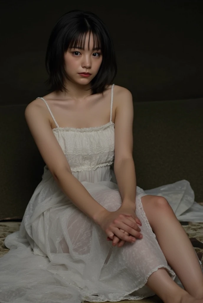 masterpiece, highest quality, Official Art, Highly detailed CG Unity 8k wallpaper, like , Very delicate and beautiful, Ultra-high resolution, (Realistic: 1.4), Golden Hour Lighting, (Upper Body), (platinum shorthair: 0.8), (Puffy eyes), Looking at the audience, Look forward, smile, JK skirt, White Dress, シャツリフト ロング 黒hair、hair、Female Hyperrealist Portraits by David Hockney and Alphonse Mucha、Fantasy art、Photorealistic、Dynamic Lighting、Art Station、Poster、Volumetric lighting、Highly detailed face、4k yen、Awards、、One girl、dark、Deep Shadow、Low Key、On the street、Full Body Shot,(Irregular skin blemishes,vein,Birthmark,Wrinkles on the skin,pores:1.2),(Pitch black night background: 1.2), (Bokeh: 1.4),Mansuji、topless、Squat、front、18-year-old、No makeup、Spread your legs、split、