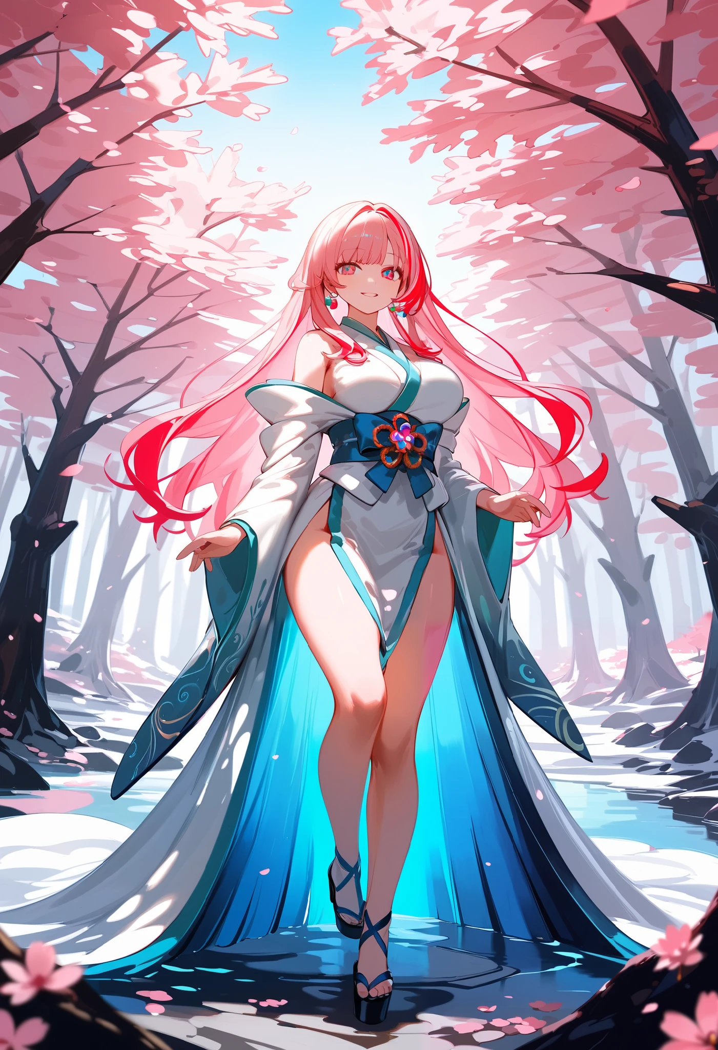 (masterpiece, highest quality),Kimono, pink hair with rainbow highlights, Beautiful adult woman,Big breasts, sexy, Seductive images, cherry blossom trees forest background, (ultra detailed), (candid shot), full body, colorful eyes, Crystaline shine highlights, Chromatic abbrations, angelic glow, (ultra detailed)