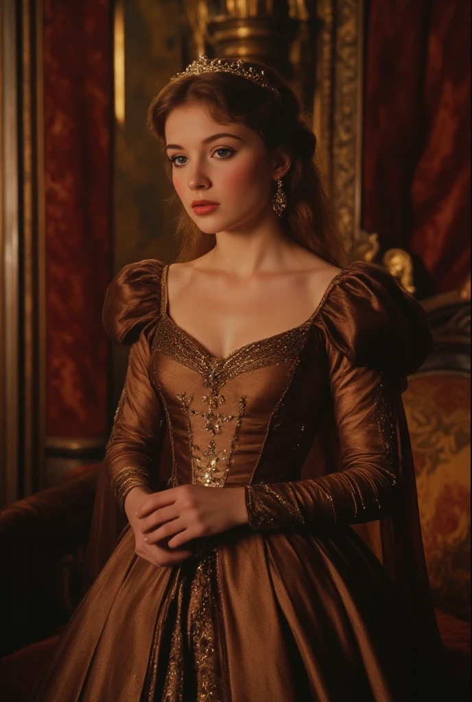 14 year old Margaery Tyrell from the song of ice and fire series. she has filled out, with c cup breasts and an hourglass figure. she is wearing a gown styled after one she wore in the game of thrones tv series.