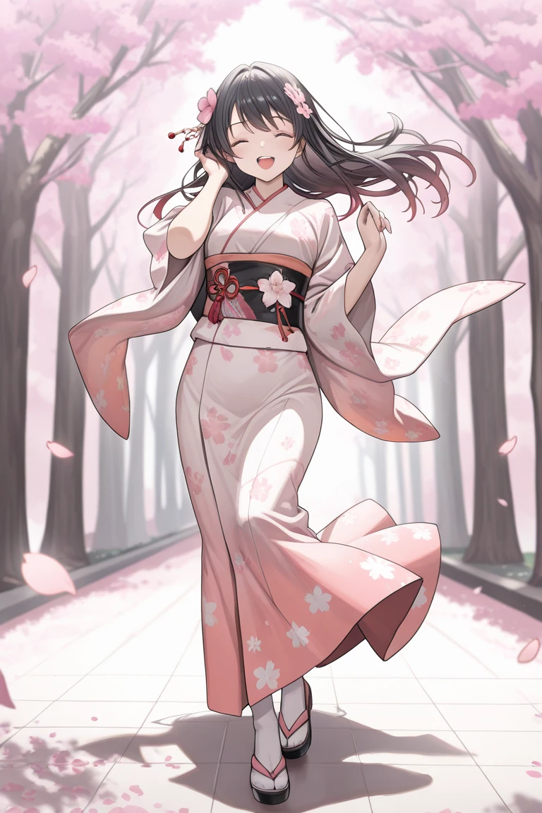 (best quality,8k,highres, masterpiece:1.2), (anime style),ultra-detailed, HDR, UHD, studio lighting, ultra-fine painting, sharp focus, physically-based rendering, extreme detail description, professional, vivid colors, bokeh, portraits, concept artists, warm color palette, dramatic lighting,A woman in a cherri pink floral kimono,(flower hair accessory),In front of a fully bloomed cherry blossom tree, cherry blossom petals are blowing.(beautiful black hair,big smile, open mouth,close eyes),(beautiful skin,beautiful hands),(Cherry blossom petals dance in the wind, cherry blossom avenue,),full body,wavt brown hair,