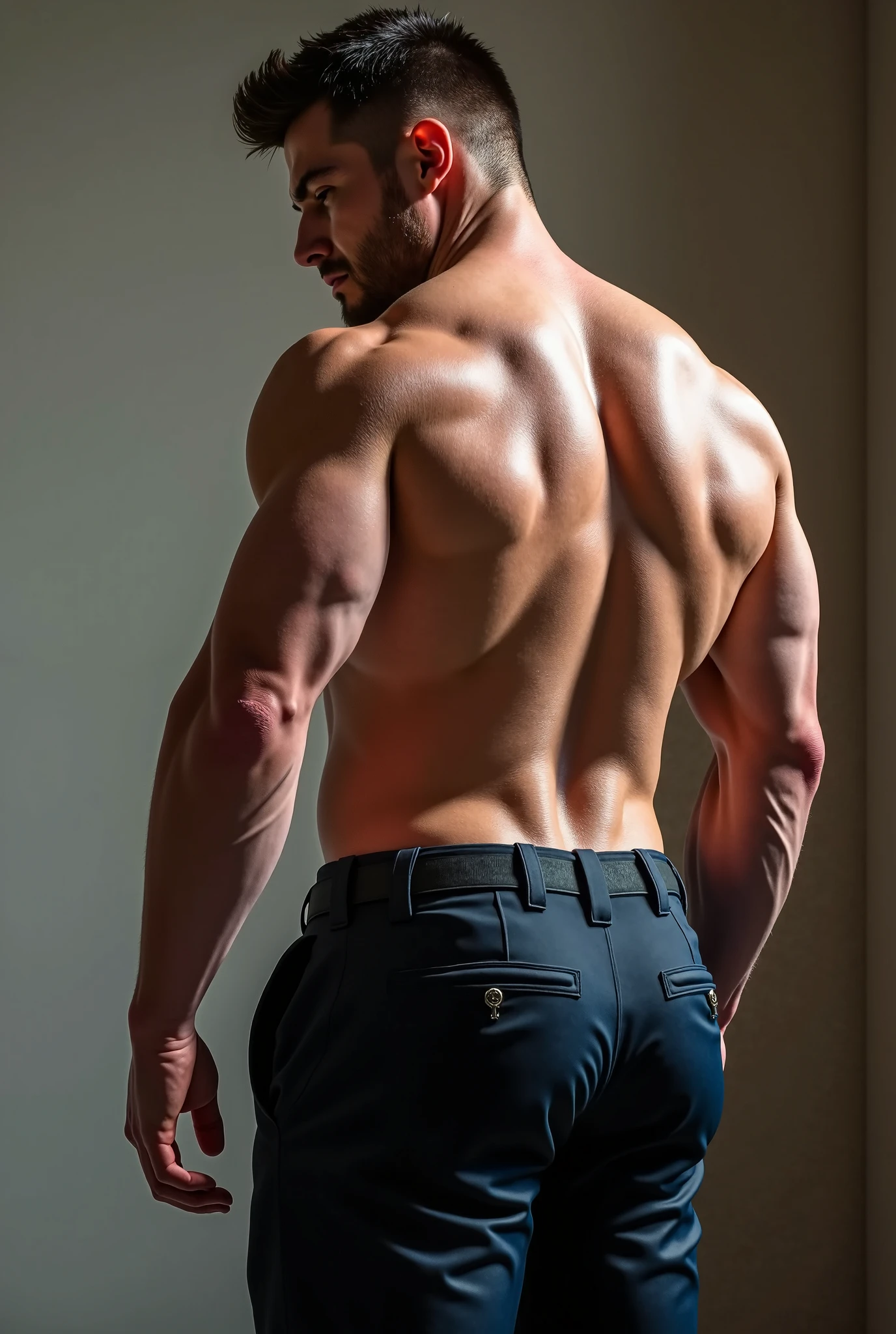 handsome mature man in his 50s,white man with a tanned complexion,(well-defined pecs and arm muscles),full body, facial hair styled into a neatly groomed beard,a confident smirk on his lips,giving off an air of wisdom and rugged charm,beefy build that emanates strength and vitality. ((Full body)), (((shirtless))) (((dark gray jeans))) (((manly))) (((backside))) Big butt