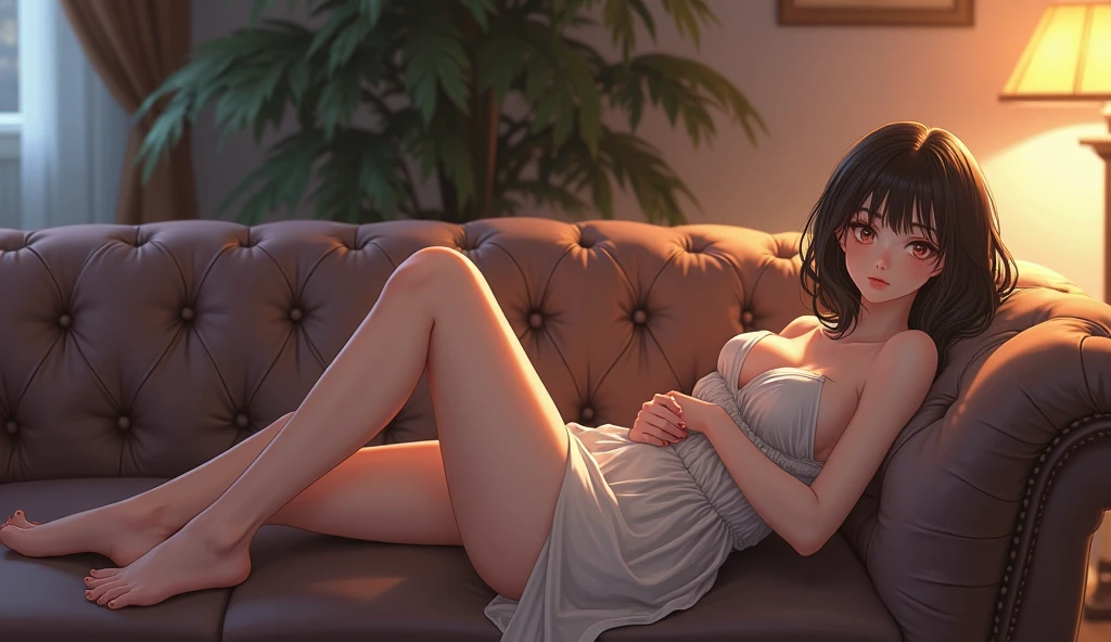 Highest quality、masterpiece、8k、Very detailed、Realistic、Looking at me with a smile、whole body、Black Hair、Short Hair、Small face、Slender、Big Breasts、Thin and beautiful legs、narrow and constricted waist,、Completely naked、Lying on one's back on the bed