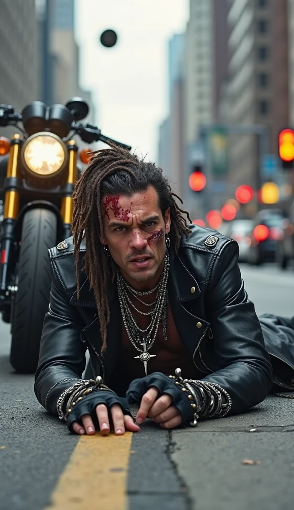 Prompt: (masterpiece)+, (extremely (realistic)+,a portrait of an extremely ugly Massive nazi-satanist post-apocalyptic raider punk. bad skin, dirty skin, dressed in a black leather jacket over bare chest and raider gear, makeshift outfit. Mad max. Raider. evil grin. Crazy stare. Front photo. Looking in camera. volumetrics dtx, Photorealistic, ultra detailed, Artstation trending, very very detailed, realistic shaded lighting, dynamic shadows, detailed Night riot streets background, upper body, professional photograph of a detailed skin, sharp focus, dramatic, award winning, cinematic lighting, octane render, unreal engine, volumetrics dtx, Photorealistic, ultra detailed, Artstation trending, very very detailed, hyperrealistic, fine details, realistic shaded lighting, dynamic shadows, Night riot streets background, add_detail:1, skin pores and wrinkles, details.,More Reasonable Details