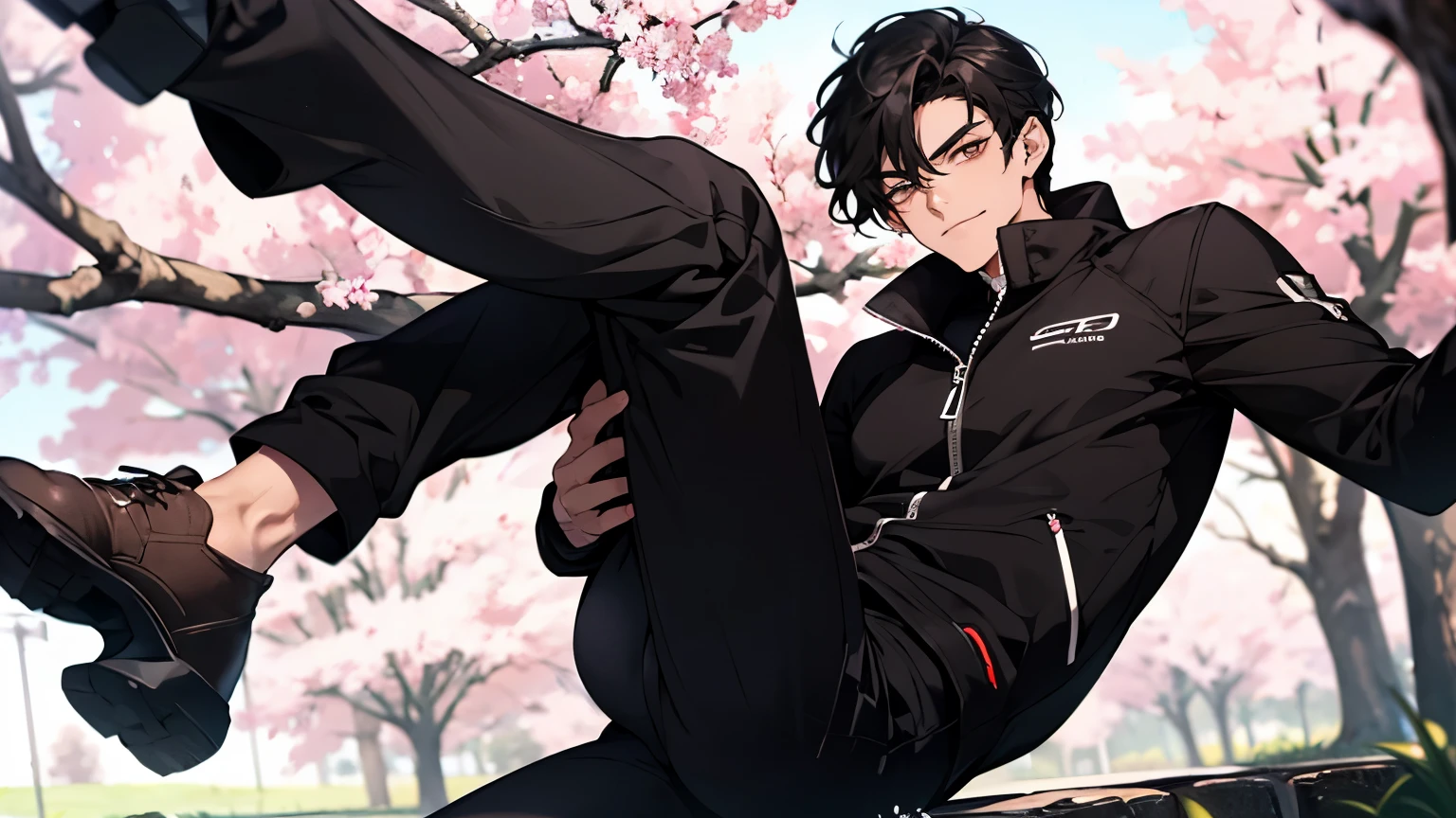 Man Two handsome very short black hair Fierce smile wide thigh opening under a cherry tree solid black long sleeve solid black tight high neck shirt full zip up Tight Long Long Pants Mega Bulge slim figure wide thigh opening