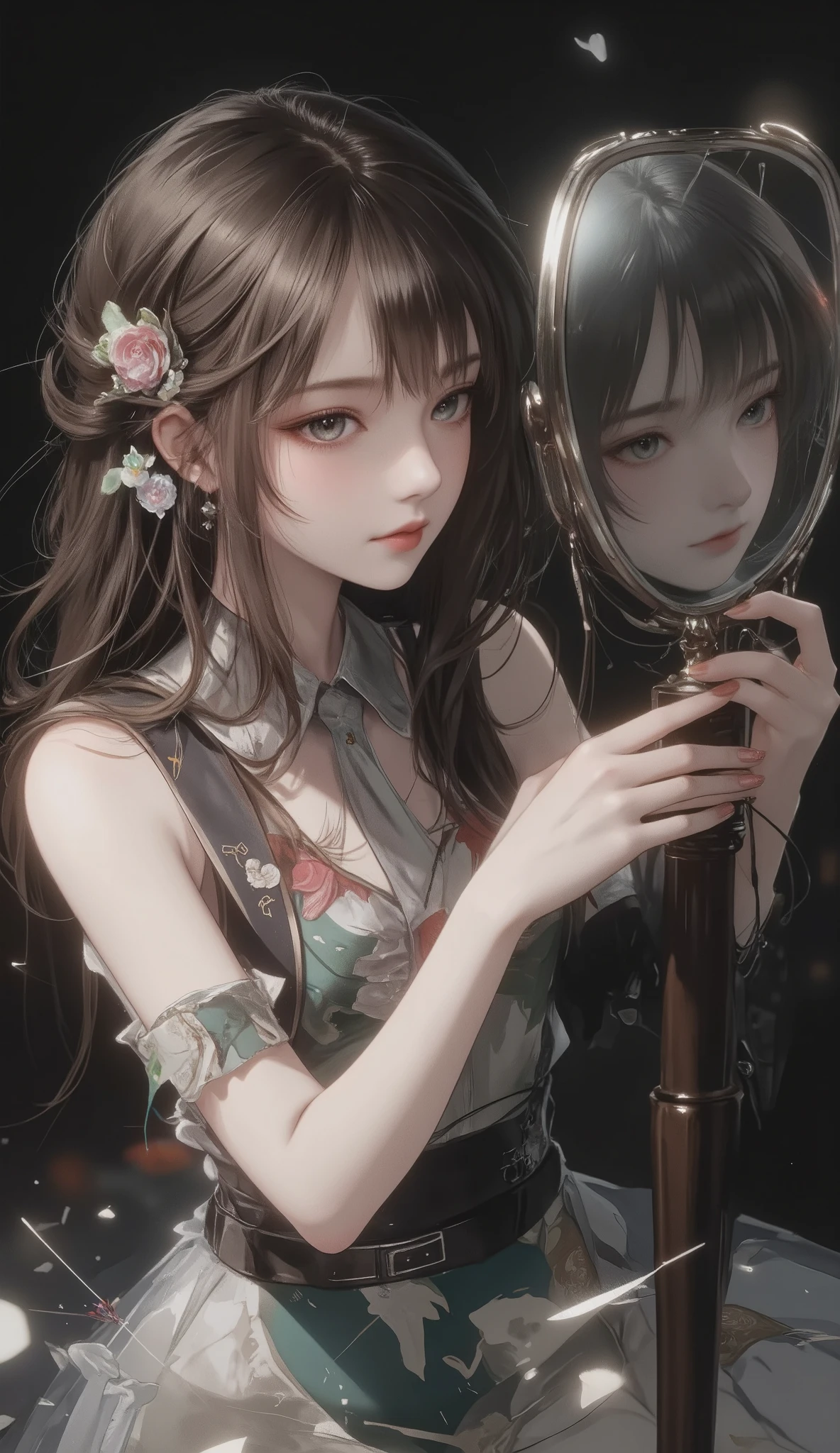 masterpiece, Best Quality,ultra resolution, perfect anatomy, one woman, detailed face、 There are only mirrors around、shows itself from a mirror、Each mirror has a different effect、On Art,Dramatic、dynamic、absurd、metaphysics