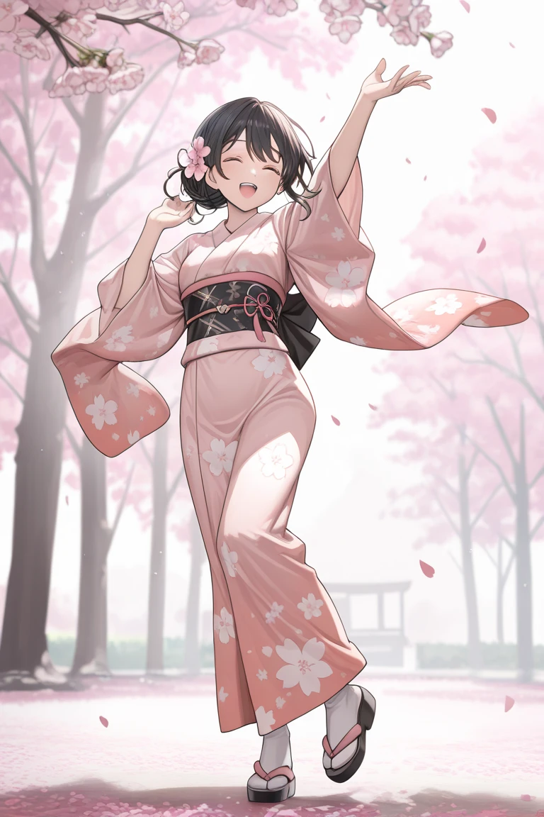 (best quality,8k,highres, masterpiece:1.2), (anime style),ultra-detailed, HDR, UHD, studio lighting, ultra-fine painting, sharp focus, physically-based rendering, extreme detail description, professional, vivid colors, bokeh, portraits, concept artists, warm color palette, dramatic lighting,A woman in a cherri pink floral kimono,(flower hair accessory),In front of a fully bloomed cherry blossom tree, cherry blossom petals are blowing.(beautiful black hair,big smile, open mouth,close eyes),(beautiful skin,beautiful hands),(Cherry blossom petals dance in the wind, cherry blossom avenue,),full body,wavt brown hair,