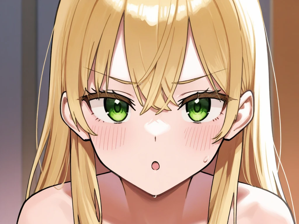 ((Highest quality)), ((masterpiece)), (detailed), (Perfect Face)、Woman naked、She has green eyes and medium-length blonde hair.。.
