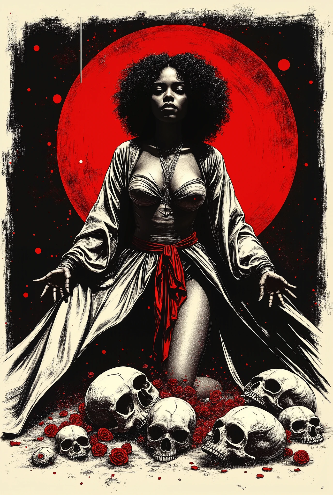(Masterpiece, Best Quality), 8k Wallpaper, highly detailed, poster, Voodoo priestess, 1970s, exploitation, skulls, bones, african american, sexy, erotic, horror thriller cinematic movie poster, Bauhaus, shapes, lines, abstract, propaganda, movie poster, vintage,