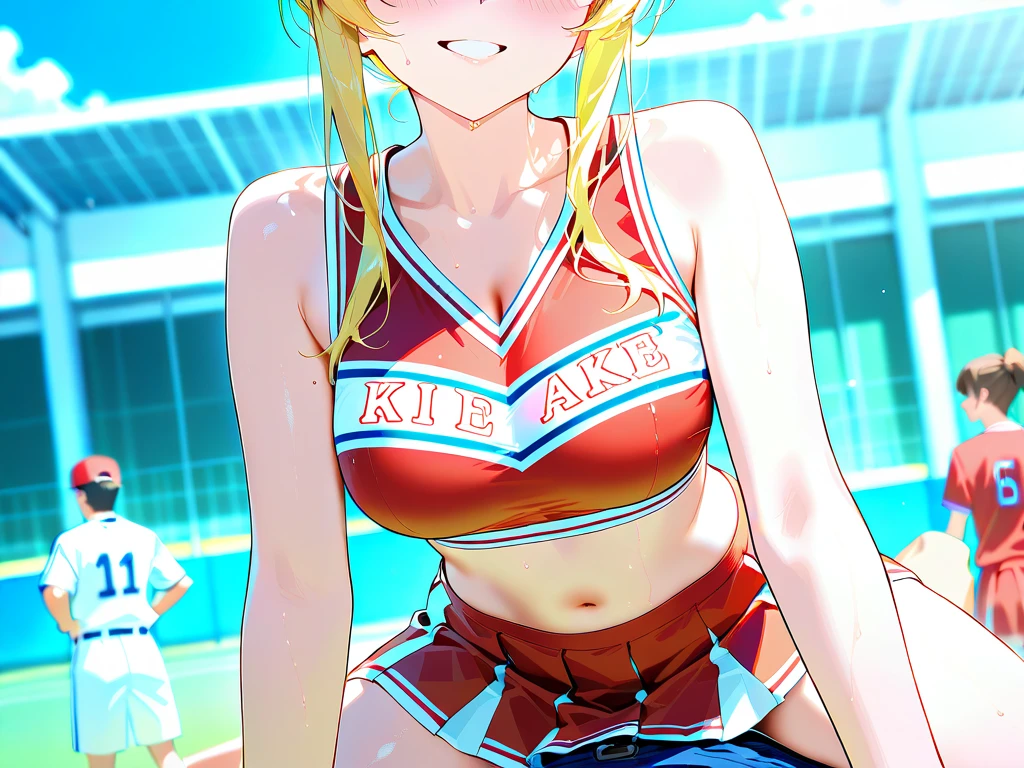 ((masterpiece)), ((high quality)), ((super detailed)), ((high resolution)) ,((8k)),a beautiful woman, ((She is one of the most famous actress in Japan.)), unparalleled beauty, ((large breast:1.6)), ((large ass)), ((deep cleavage)), slim waist, chest out, ultra detailed face, perfect skin, (((waist length hair, ((long straight golden hair)), crossed bangs))), blue eyes, detailed eyes, whole body image, sexy, an inviting smile, sensual, (((anime))), ((glamorous)), sexual attraction, 23 years old, ((incredibly beautiful woman)), ((The H cup bust)), ((((sexy pose)))), ((neat and clean.)) , (((Power Ranger))), heroine, (((Open-neck tank top, high leg shorts))), ((beautiful breasts)), beautiful legs, 8 life size, anime, the most beautiful and strongest, ((charm)), ((gravure pose)),((british beauty)), ((Grown-up face)), Training Room, wet,