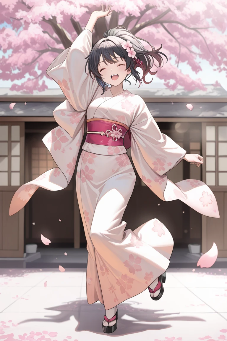 (best quality,8k,highres, masterpiece:1.2), (anime style),ultra-detailed, HDR, UHD, studio lighting, ultra-fine painting, sharp focus, physically-based rendering, extreme detail description, professional, vivid colors, bokeh, portraits, concept artists, warm color palette, dramatic lighting,A woman in a cherri pink floral kimono,(flower hair accessory),In front of a fully bloomed cherry blossom tree, cherry blossom petals are blowing.(beautiful black hair,big smile, open mouth,close eyes),(beautiful skin,beautiful hands),(Cherry blossom petals dance in the wind, cherry blossom avenue,),full body,wavt brown hair,