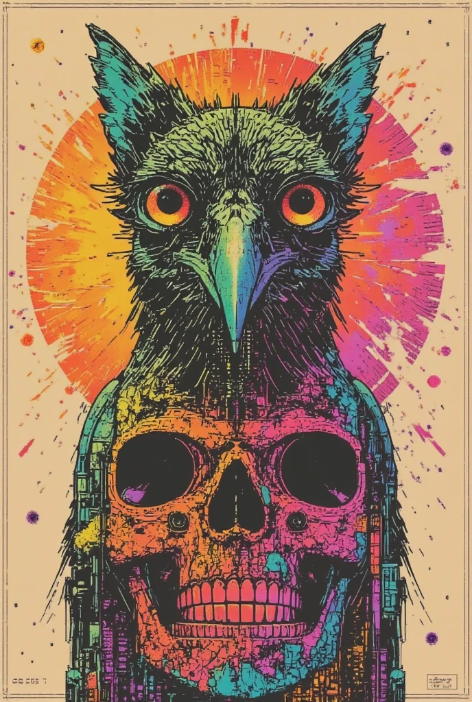 A closeup of an owl-headed skull, hydro74 style, skull design for a rock band, T-shirt design, alien owl, alex gray style, bright owl, dan mumford and alex grey style, heavy metal tshirt design, by Eddie Mendoza, lowbrow art style, dark art style, artstyle greg rutkowski,