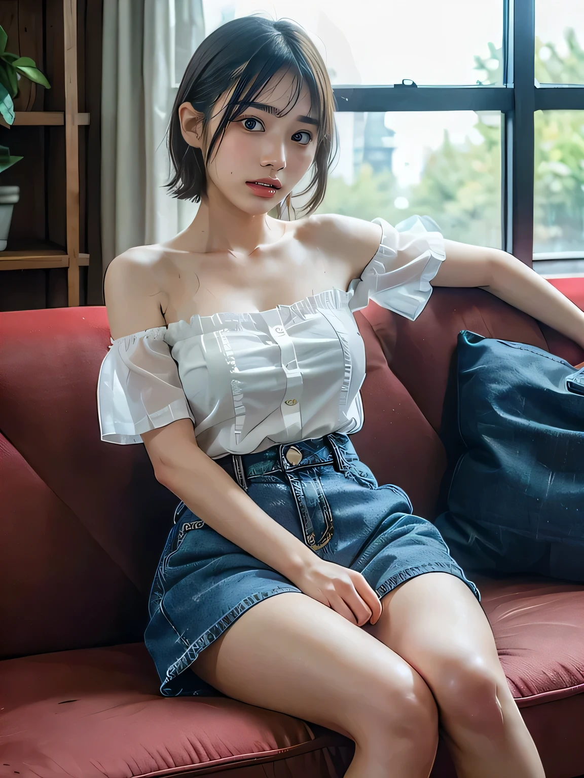 (8k,RAW Photos、RAW Photos、Highest quality、masterpiece:1.2)、1、1Middle-aged men、Very detailed、Super Resolution、(Realistic:1.3)、((Shooting from below))、((Cowboy Shot:1.4))、((Full nudity:1.5))、Sharp depiction of light and shadow、High-resolution RAW color photos、Professional photos、(((Bedroom:1.4)))、((Short sleeve shirt:1.5))、Anatomical accuracy、Very detailed and beautiful、super high quality、((Hair shortcuts:1.4))、(Stand with a smile:1.4))、((Ultra-thin white short-sleeved off-the-shoulder chiffon shirt:1.4))、((Lightweight white short-sleeved off-the-shoulder chiffon shirt:1.4))、((Denim mini skirt that emphasizes the thighs:1.4))、Upper Body、Nipples are visible through the:1.7、