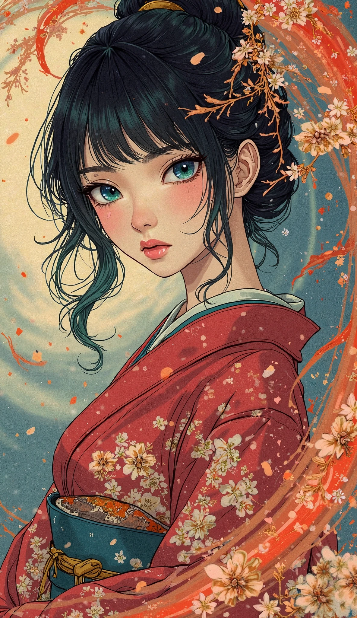  highdefinition images、Katsushika Hokusai manga(beautiful eyes、Look at every detail、multi-colored hair below the arm)、kimono that looks like a yukata、female lying down、葛飾北斎スタイルで渦巻く火のように見える highdefinition images、Kimono beauty、顔のdetails、highest quality ukiyo-e、details、high resolution image beauty。