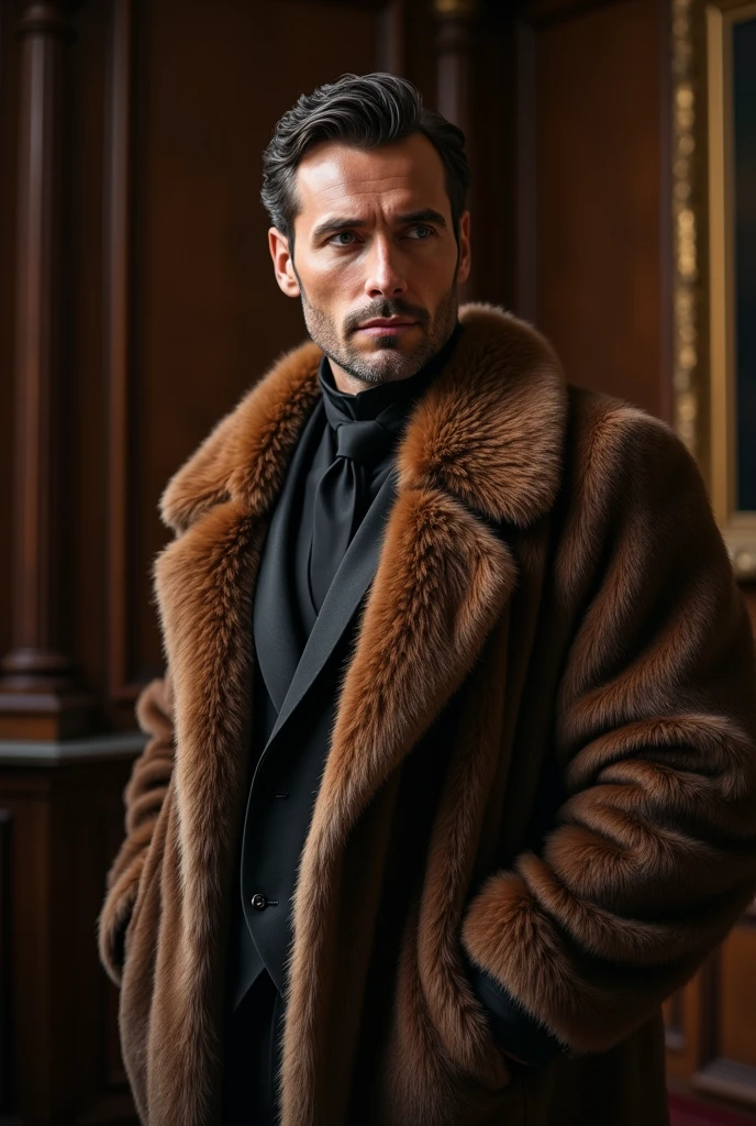 A close-up photo of a vintage fur coat hanging on a hook,American Psycho (2000 film),Patrick Bateman, the protagonist of “American Psycho,” is depicted as a quintessential 1980s Wall Street yuppie with a polished appearance: slicked-back hair, a chiseled, handsome face, and an impeccable wardrobe that underscores his obsession with status and material success. His physique is well-maintained with rigorous exercise, reflecting his vanity and concern with external perceptions.