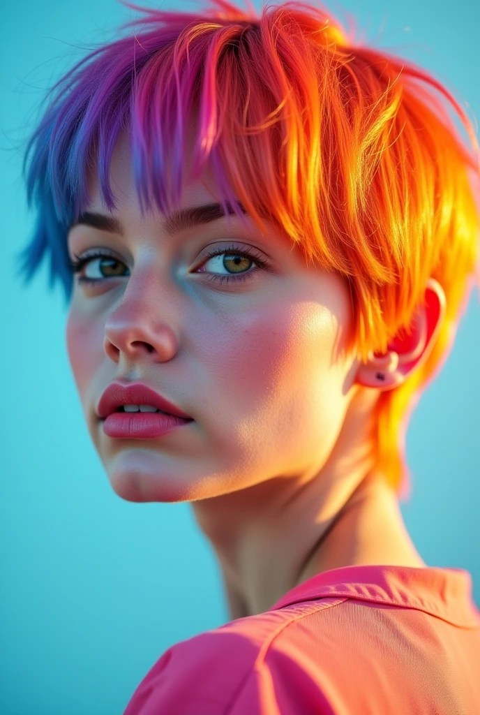 portrait of sks woman by Flora Borsi, style by Flora Borsi, bold, bright colours, orange Mohawk haircut, ((Flora Borsi)), <lora:locon_aspenow_v1_from_v1_64_32:1.25>