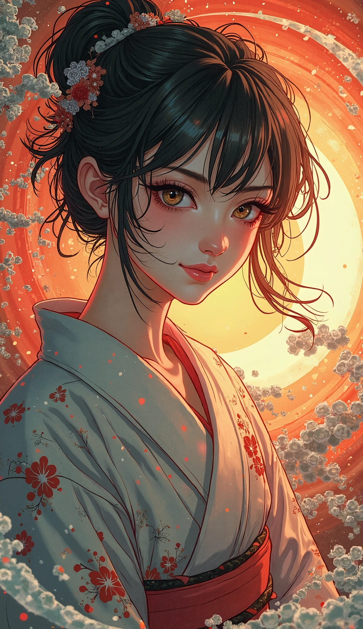  highdefinition images、Katsushika Hokusai manga(beautiful eyes、Look at every detail、multi-colored hair below the arm)、kimono that looks like a yukata、female lying down、葛飾北斎スタイルで渦巻く火のように見える highdefinition images、Kimono beauty、顔のdetails、highest quality ukiyo-e、details、high resolution image beauty。