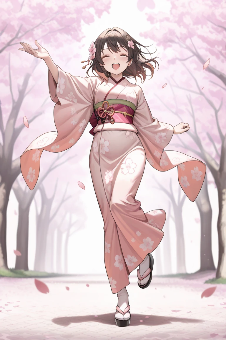 (best quality,8k,highres, masterpiece:1.2), (anime style),ultra-detailed, HDR, UHD, studio lighting, ultra-fine painting, sharp focus, physically-based rendering, extreme detail description, professional, vivid colors, bokeh, portraits, concept artists, warm color palette, dramatic lighting,A woman in a cherri pink floral kimono,(flower hair accessory),In front of a fully bloomed cherry blossom tree, cherry blossom petals are blowing.(beautiful black hair,big smile, open mouth,close eyes),(beautiful skin,beautiful hands),(Cherry blossom petals dance in the wind, cherry blossom avenue,),full body,wavt brown hair,